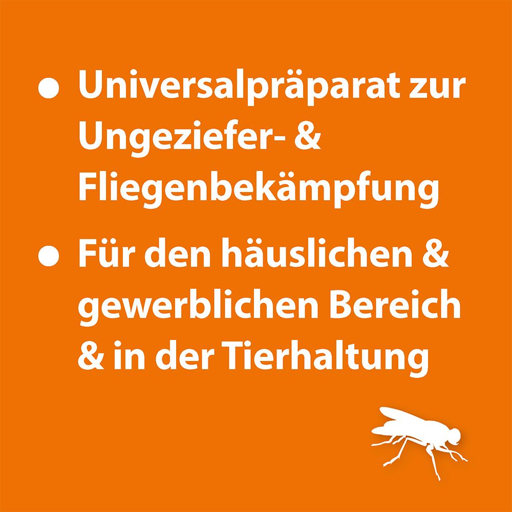 Text auf orangefarbenem Hintergrund: Universalpräparat zur Ungeziefer- & Fliegenbekämpfung. Für den häuslichen & gewerblichen Bereich & in der Tierhaltung.