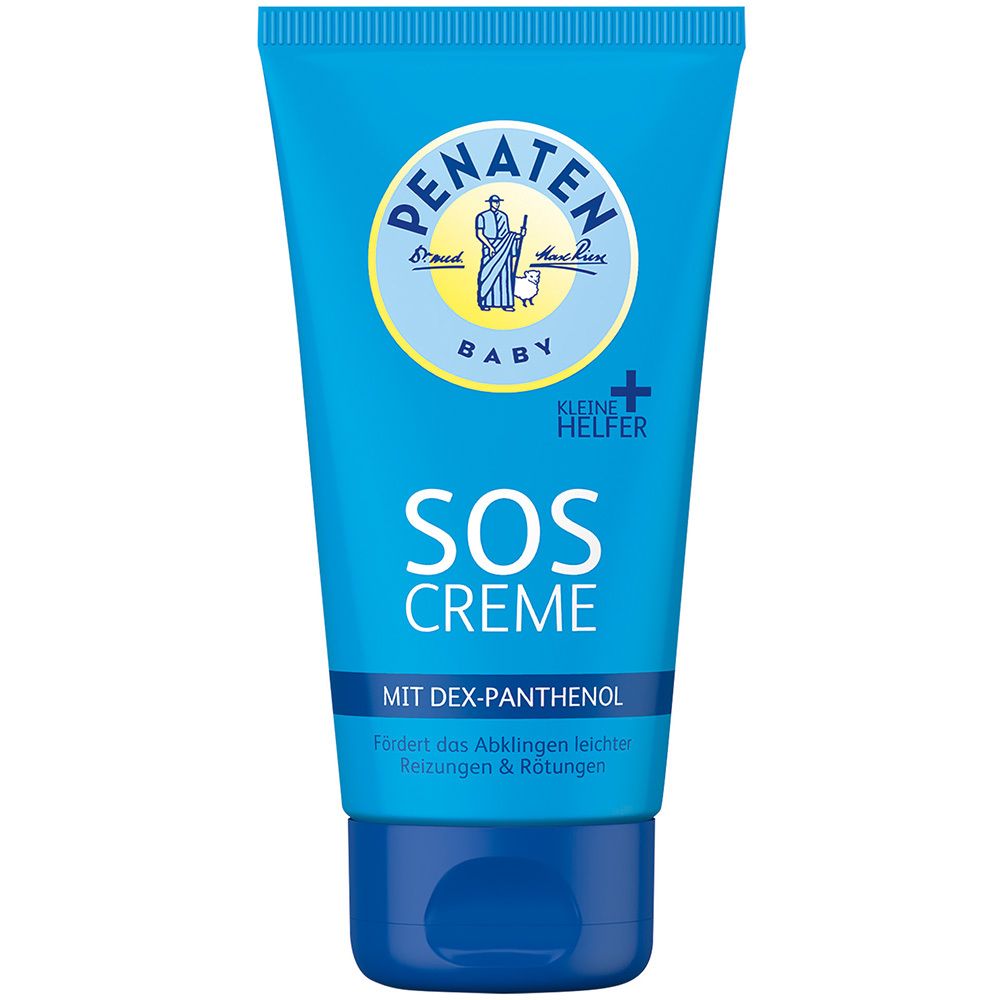 Blaue Tube mit PENATEN Baby SOS Creme. Text: SOS CREME, MIT DEX-PANTHENOL. Logo mit Figur.
