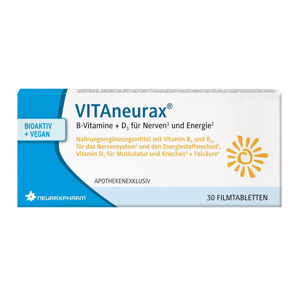 Verpackung von VITAneurax®. Enthält B-Vitamine + D3. Aufschrift: BIOAKTIV + VEGAN. 30 Filmtabletten. Apothekenexklusiv.