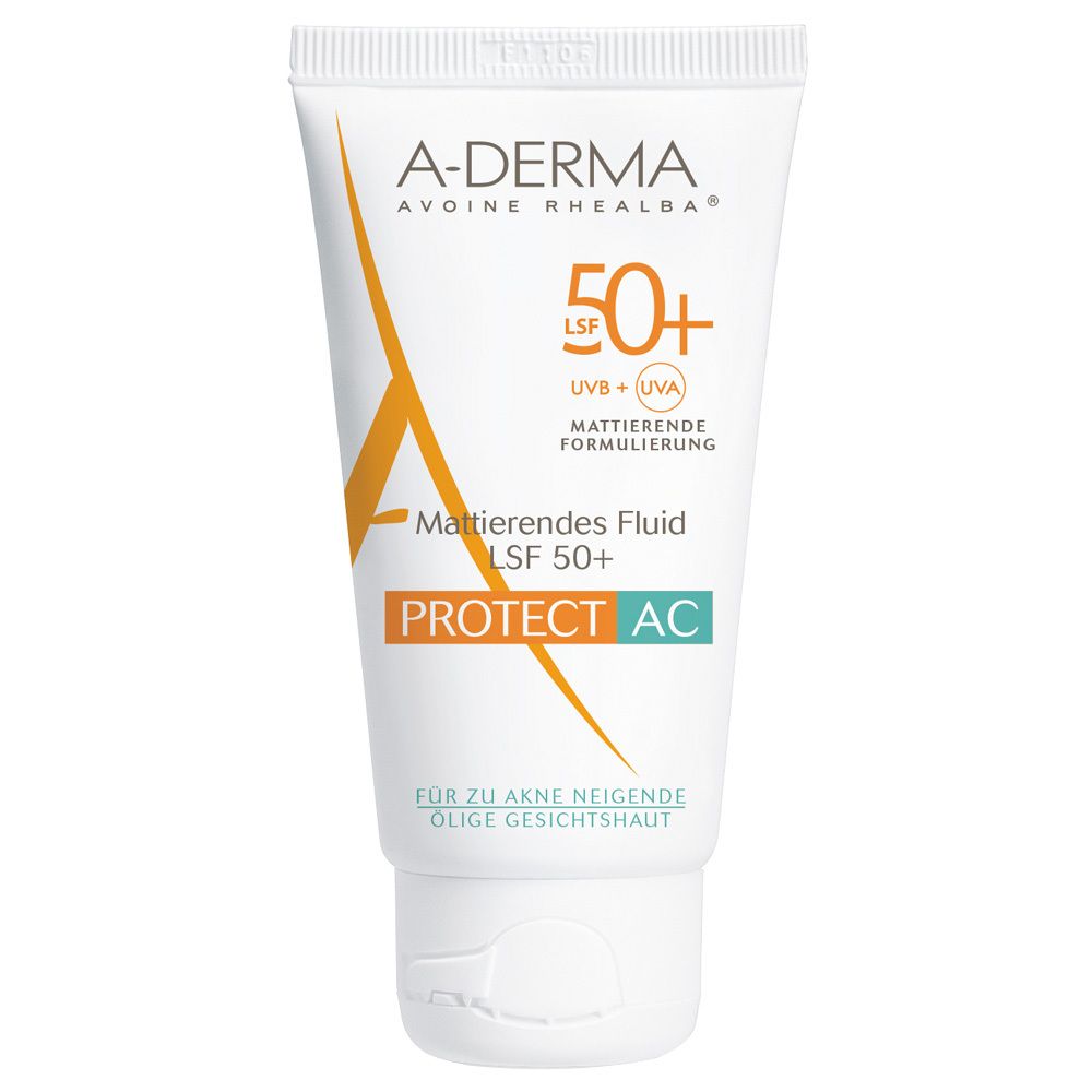 A-Derma Protect AC Mattierendes Fluid LSF 50+ Tube mit Klappdeckel. Für zu Akne neigende Gesichtshaut.