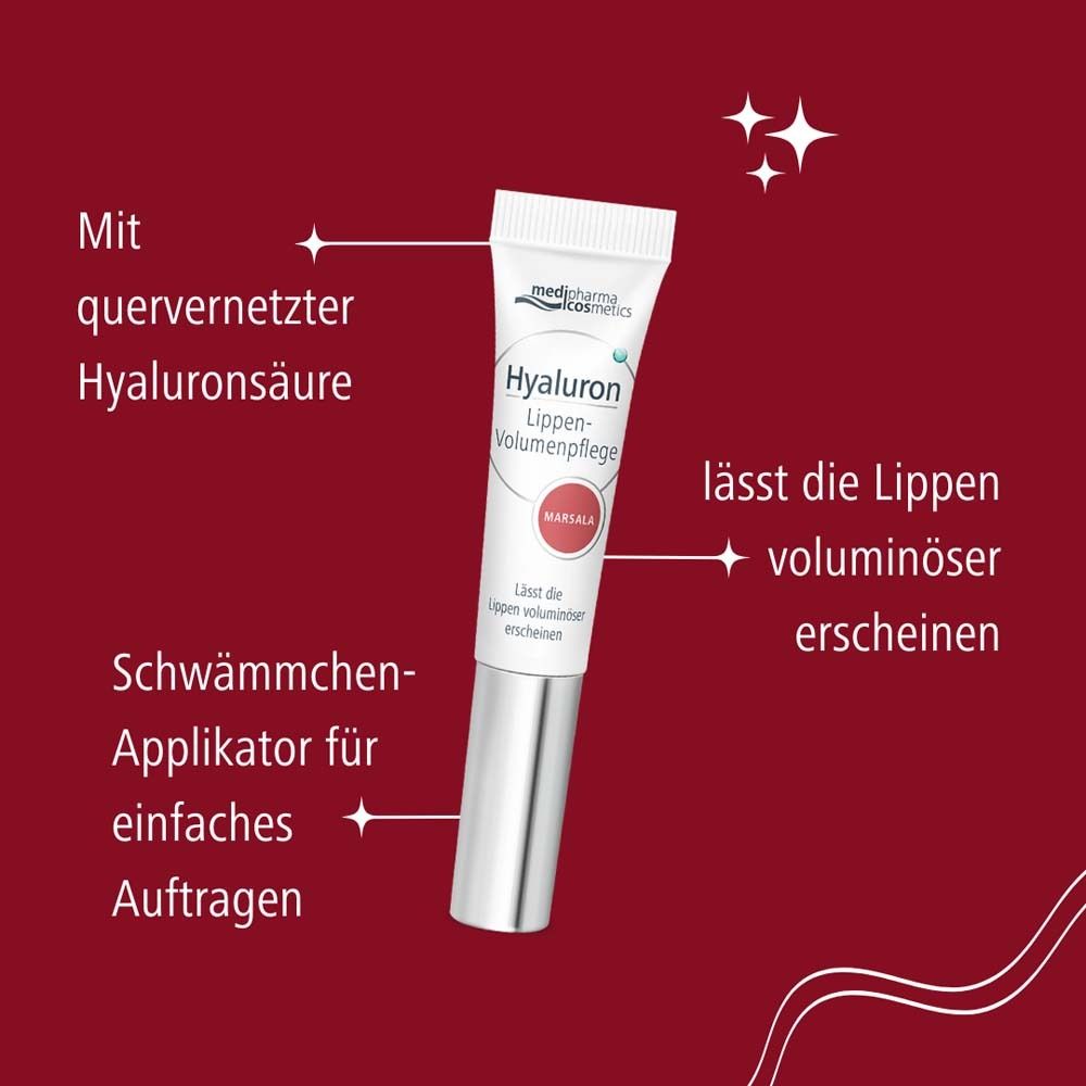 Hyaluron Lippen-Volumenpflege Marsala. Tube mit Applikator. Text: Mit quervernetzter Hyaluronsäure. Schwämmchen-Applikator.