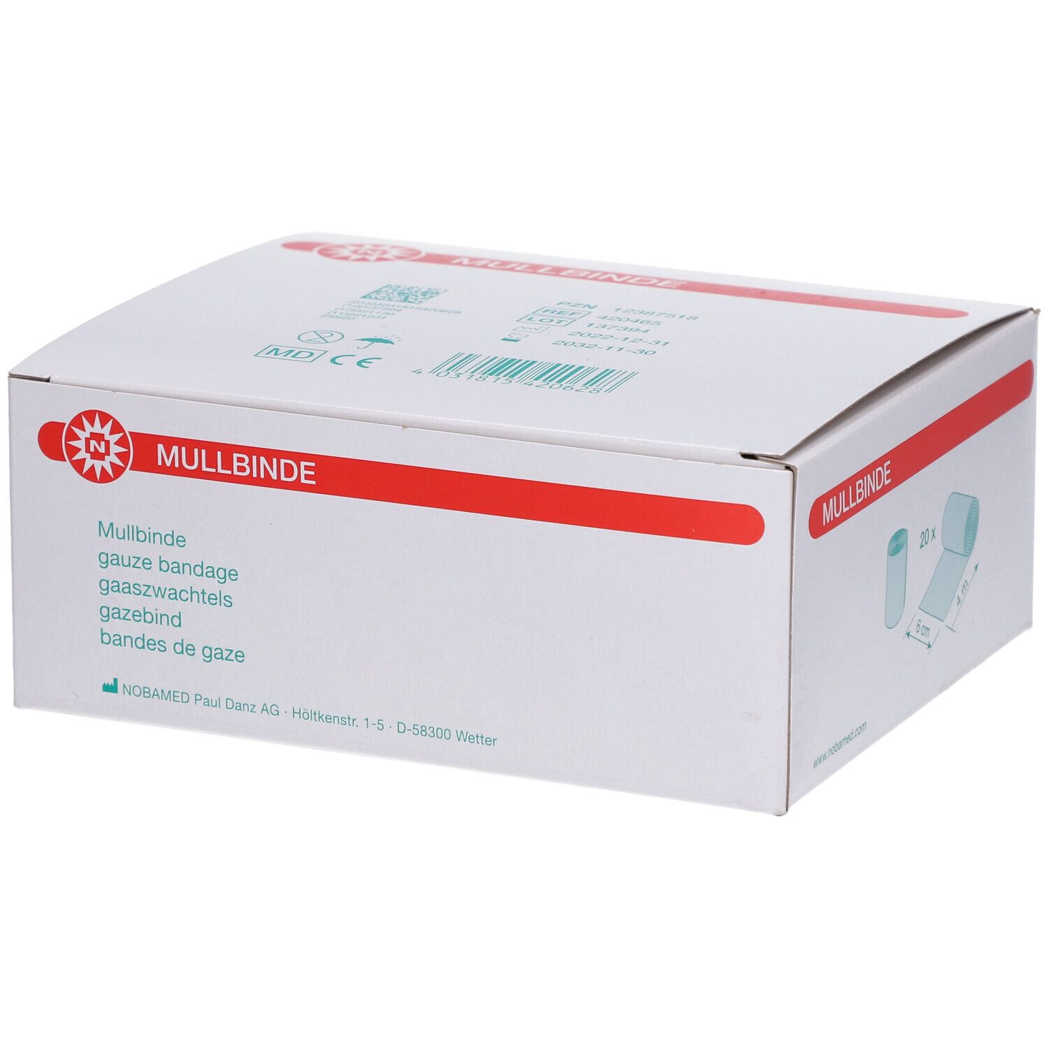 Weiße Verpackung mit rotem Streifen und Aufschrift 'Mullbinde'. Logo und Produktbezeichnung. Gaze-Bandage.