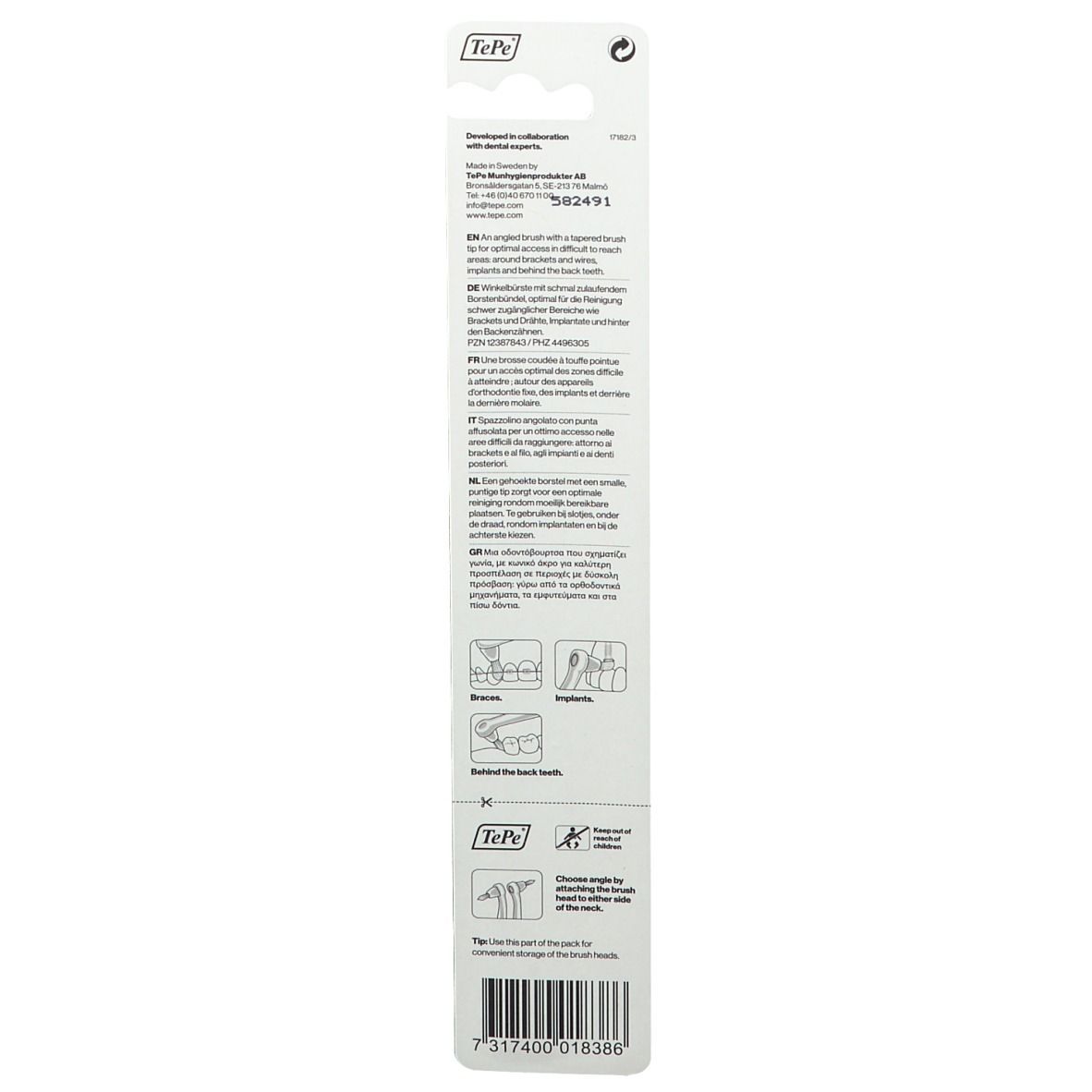 Rückseite der Blisterverpackung der TePe Interspace soft Zahnbürste. Text in mehreren Sprachen. Illustrationen zur Anwendung.