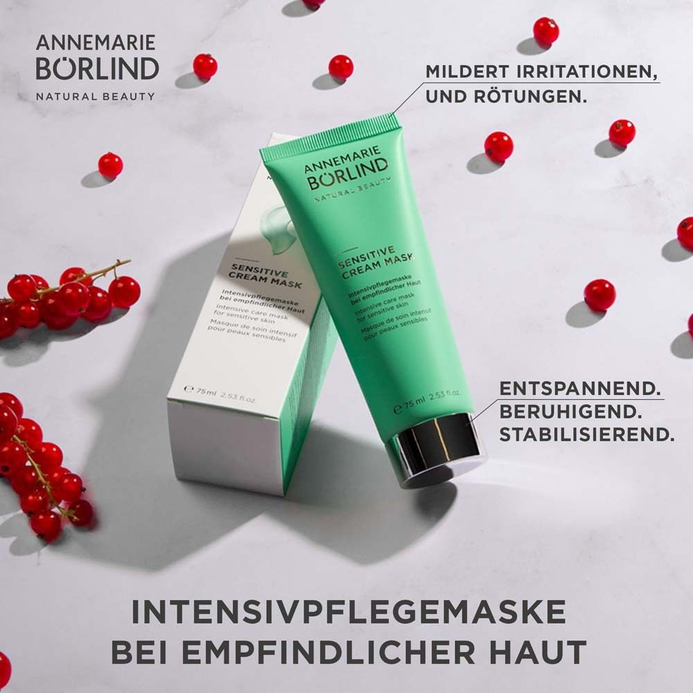 Produkt und Verpackung. Rote Beeren. Text: Intensivpflegemaske bei empfindlicher Haut. Text in Deutsch.