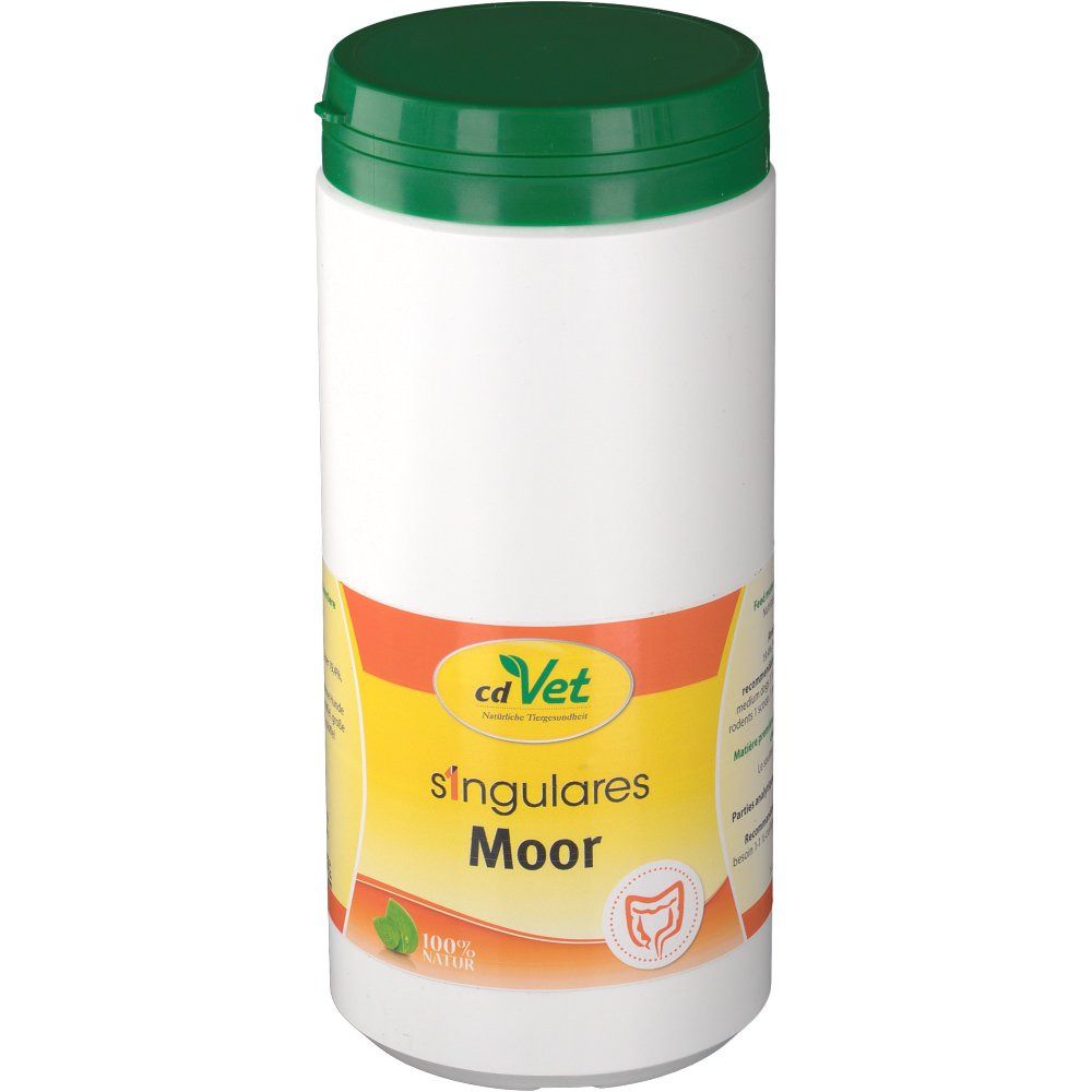 Weiße Dose mit grünem Deckel. Aufkleber mit Logo, Text "cd Vet singulares Moor" und Illustration des Verdauungstrakts.