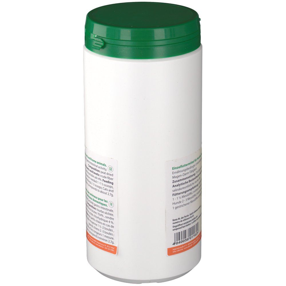 Rückseite der weißen Dose mit grünem Deckel. Etikett mit Text in Deutsch und Französisch, Beschreibung des Inhalts und Inhaltsstoffe.