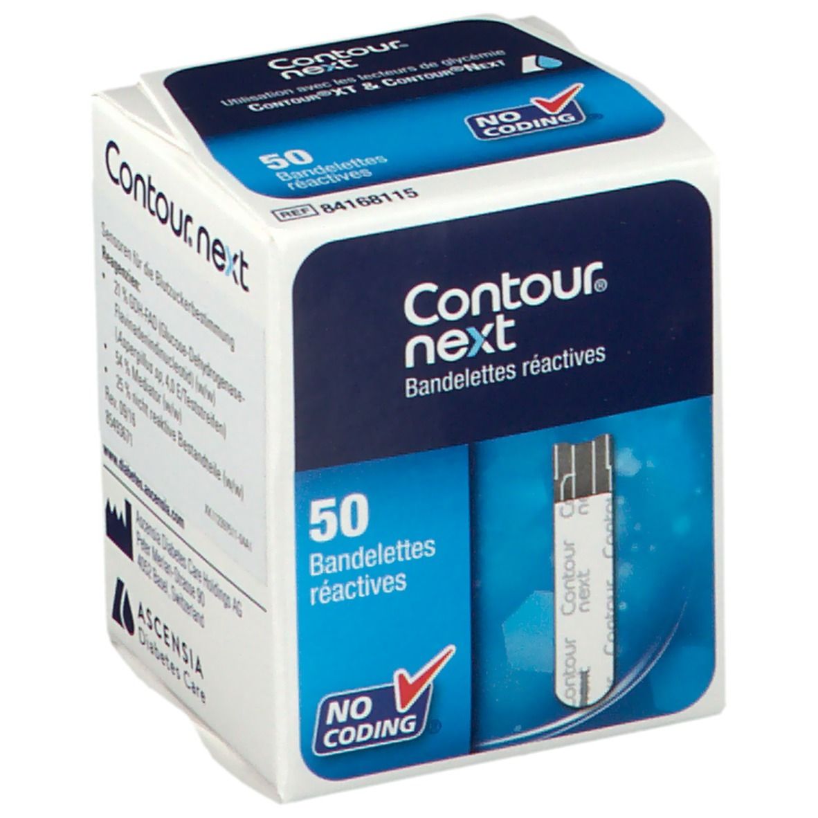 Packung mit 50 Teststreifen. Aufschrift: Contour next. "No Coding"-Logo. Teststreifen sichtbar.