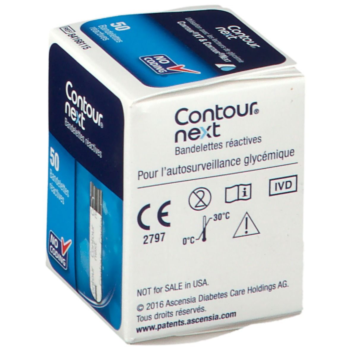 Packung mit 50 Teststreifen. Aufschrift: Contour next. CE-Zeichen, Temperaturhinweis. "No Coding"-Logo.