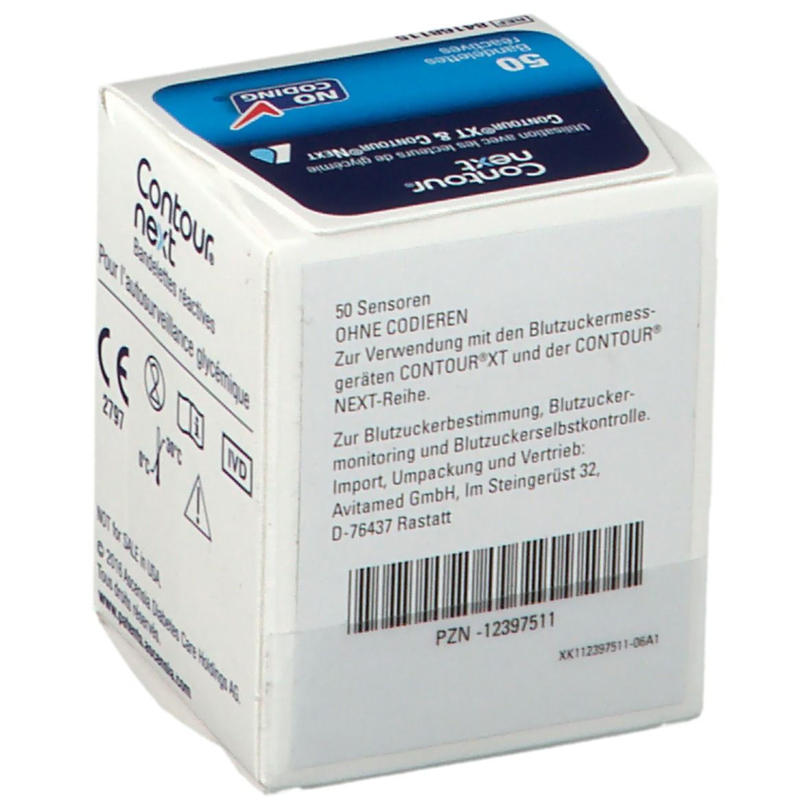 Packung mit 50 Sensoren. Aufschrift: Contour next. Text zur Verwendung mit Geräten. "No Coding"-Logo.