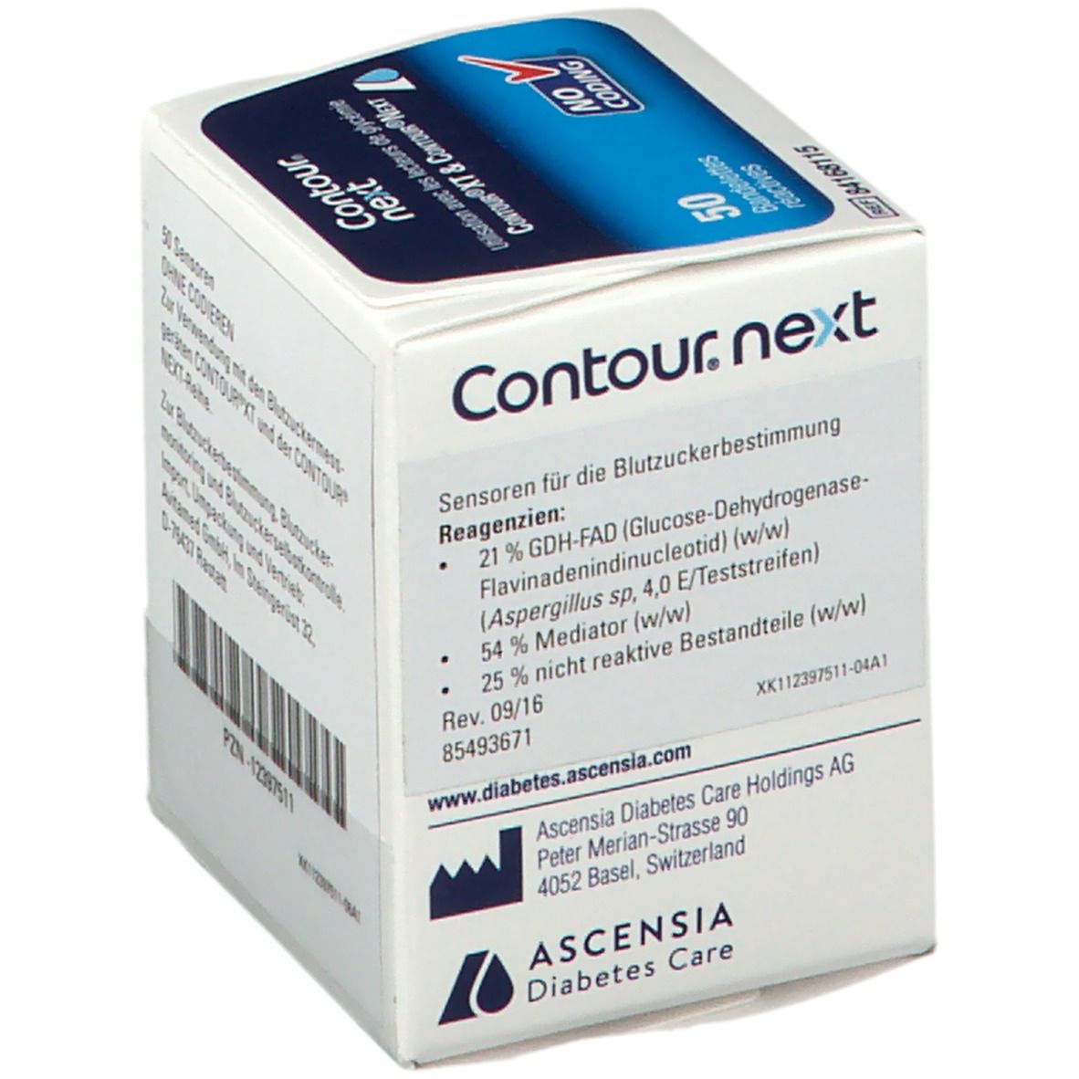 Packung mit 50 Teststreifen. Aufschrift: Contour next. Inhaltsstoffe und Herstellerangaben. "No Coding"-Logo.