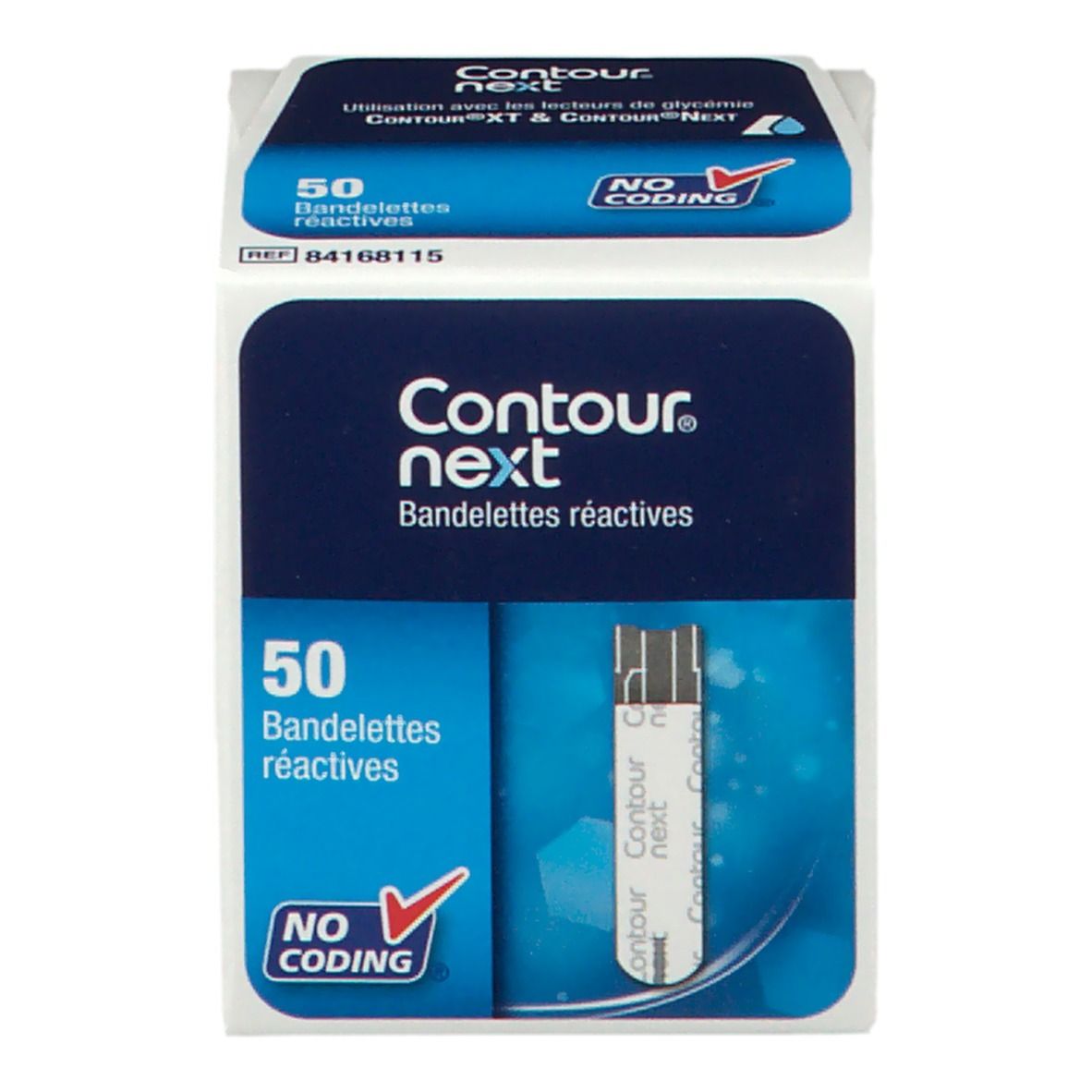 Verpackung mit 50 Teststreifen. Aufschrift: Contour next. "No Coding"-Logo. Teststreifen sichtbar.