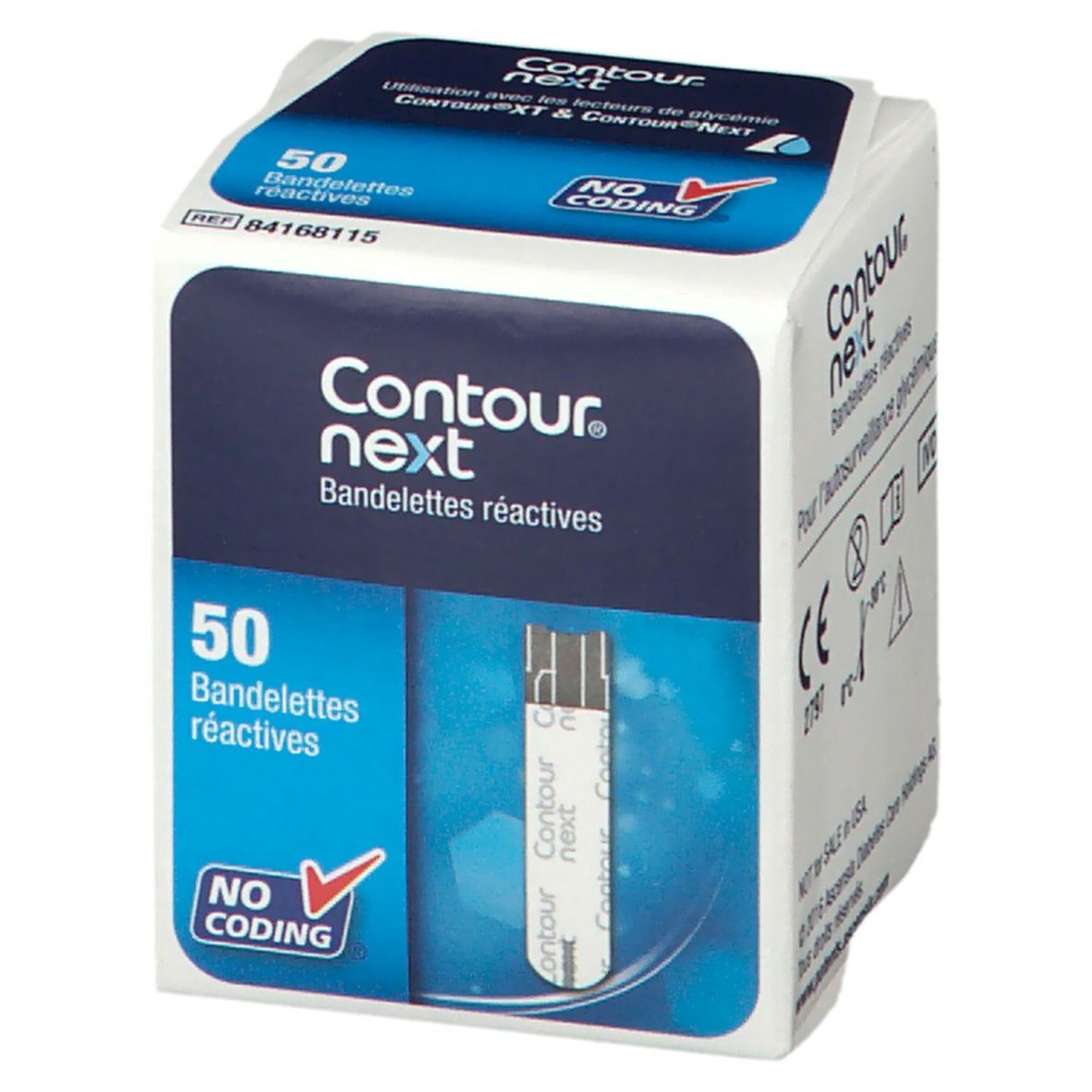 Packung mit 50 Teststreifen. Aufschrift: Contour next. "No Coding"-Logo. Teststreifen sichtbar.