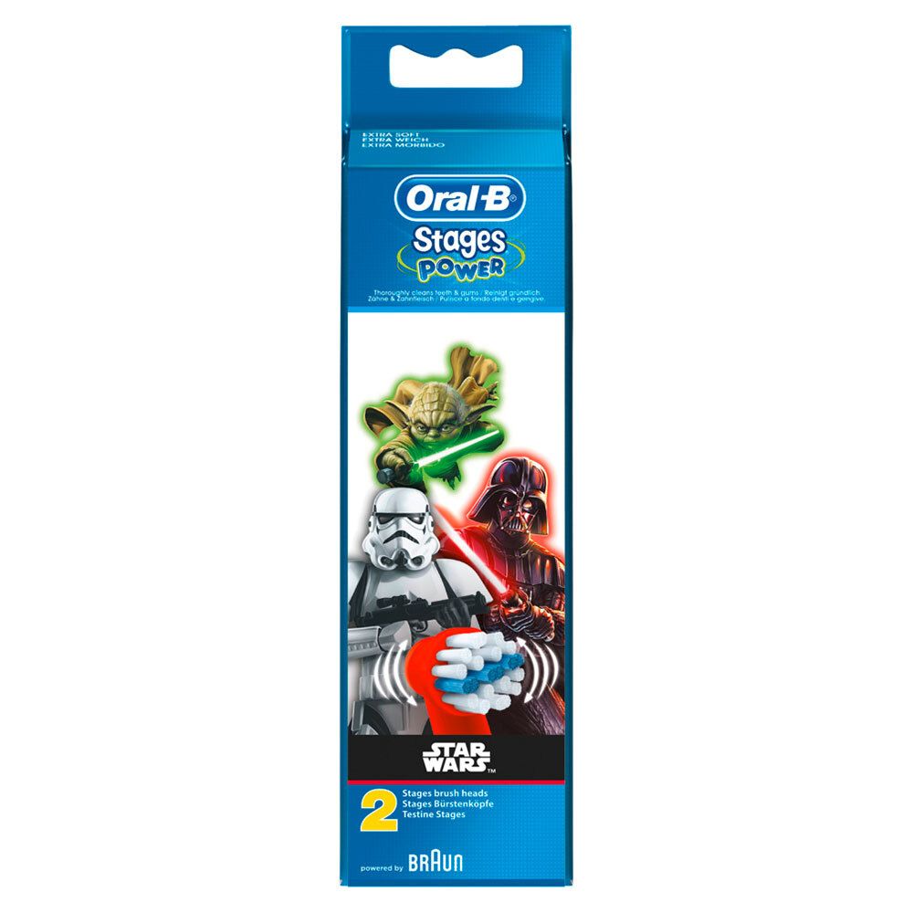 Verpackung mit zwei Ersatz-Aufsteckbürsten. Auf der Verpackung: Oral-B Stages Power, Star Wars-Figuren und die Zahl 2.