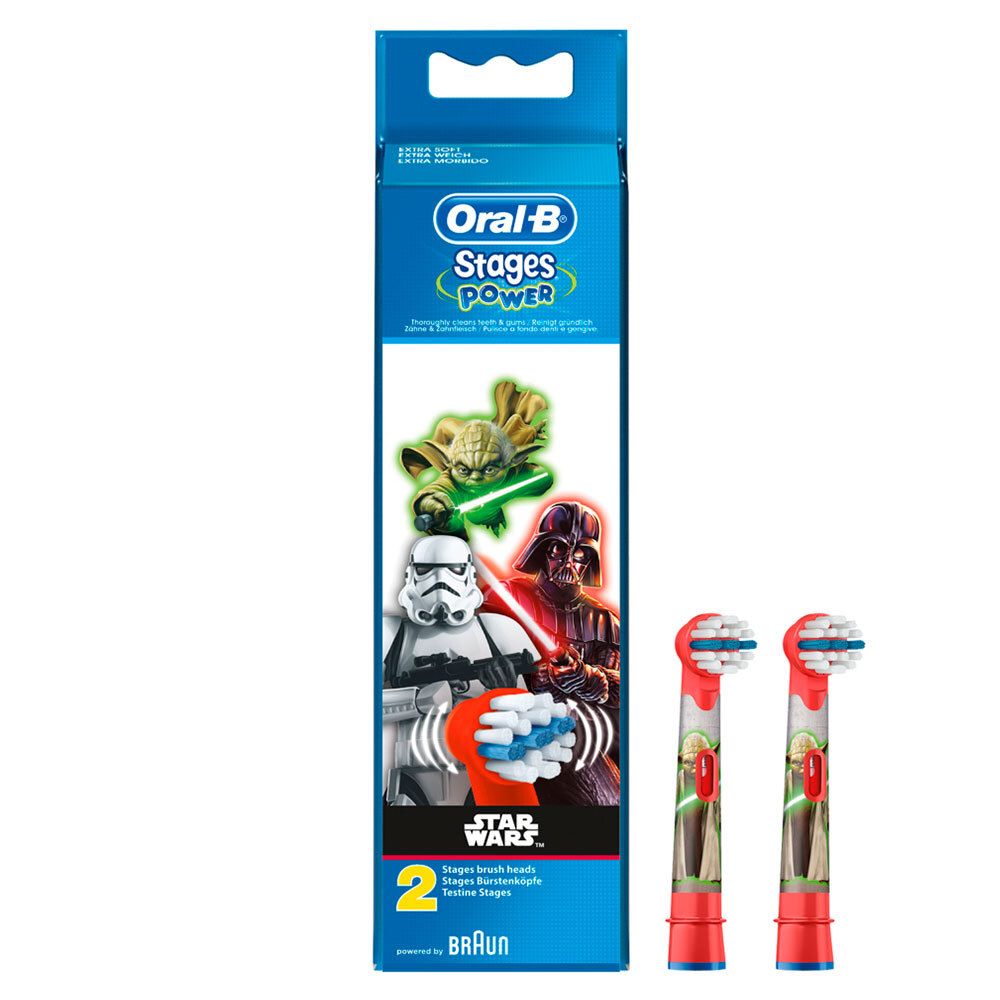 Verpackung mit zwei Ersatz-Aufsteckbürsten und zwei separaten Aufsteckbürsten. Aufsteckbürsten mit rotem und grünem Design.