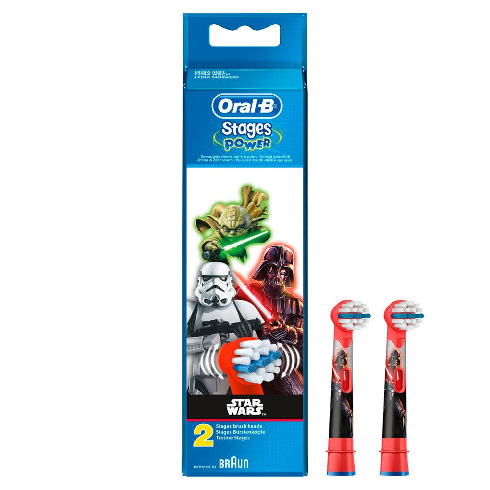 Verpackung mit zwei Ersatz-Aufsteckbürsten und zwei separaten Aufsteckbürsten. Aufsteckbürsten mit rotem und schwarzem Design.