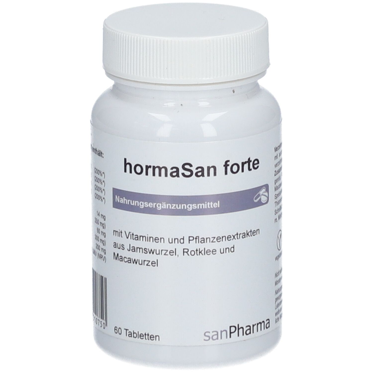 Weiße Flasche mit Schraubverschluss. Aufschrift: hormaSan forte, Nahrungsergänzungsmittel. Enthält Vitamine und Pflanzenextrakte.