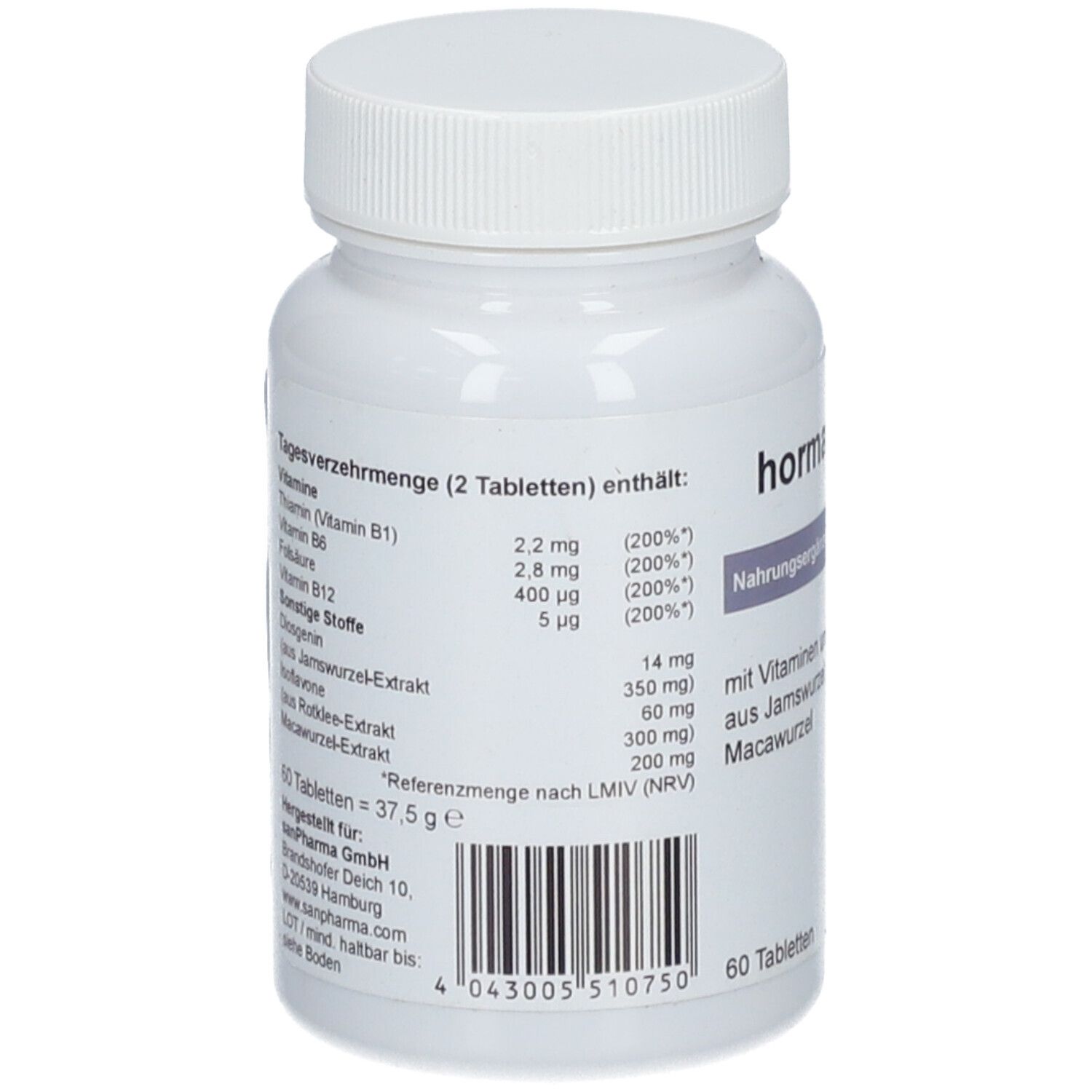 Weiße Flasche mit Schraubverschluss. Rückseite mit Nährwertangaben. Enthält Vitamine, Thiamin, Folsäure, Vitamin B12 und weitere Stoffe.