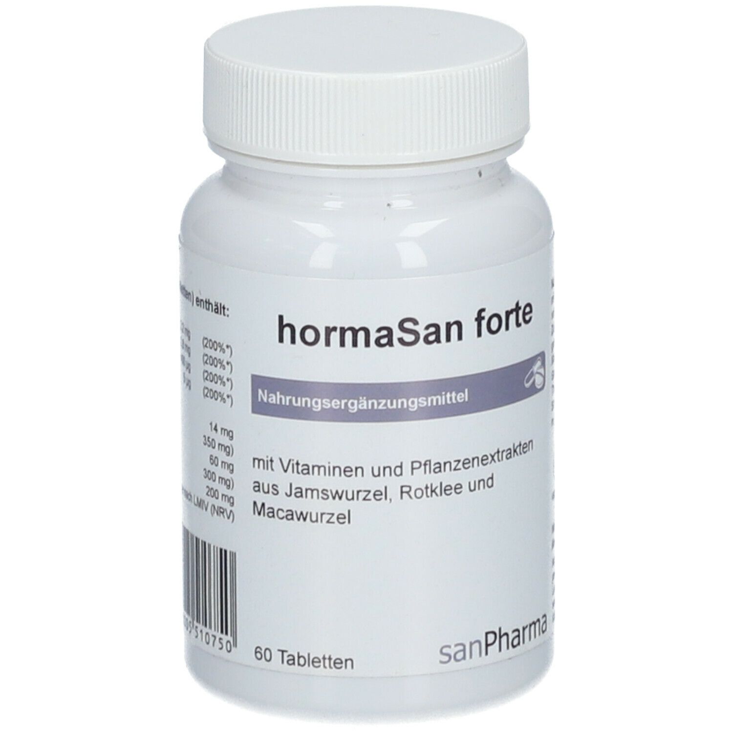 Weiße Flasche mit Schraubverschluss. Aufschrift: hormaSan forte, Nahrungsergänzungsmittel. Enthält Vitamine und Pflanzenextrakte.