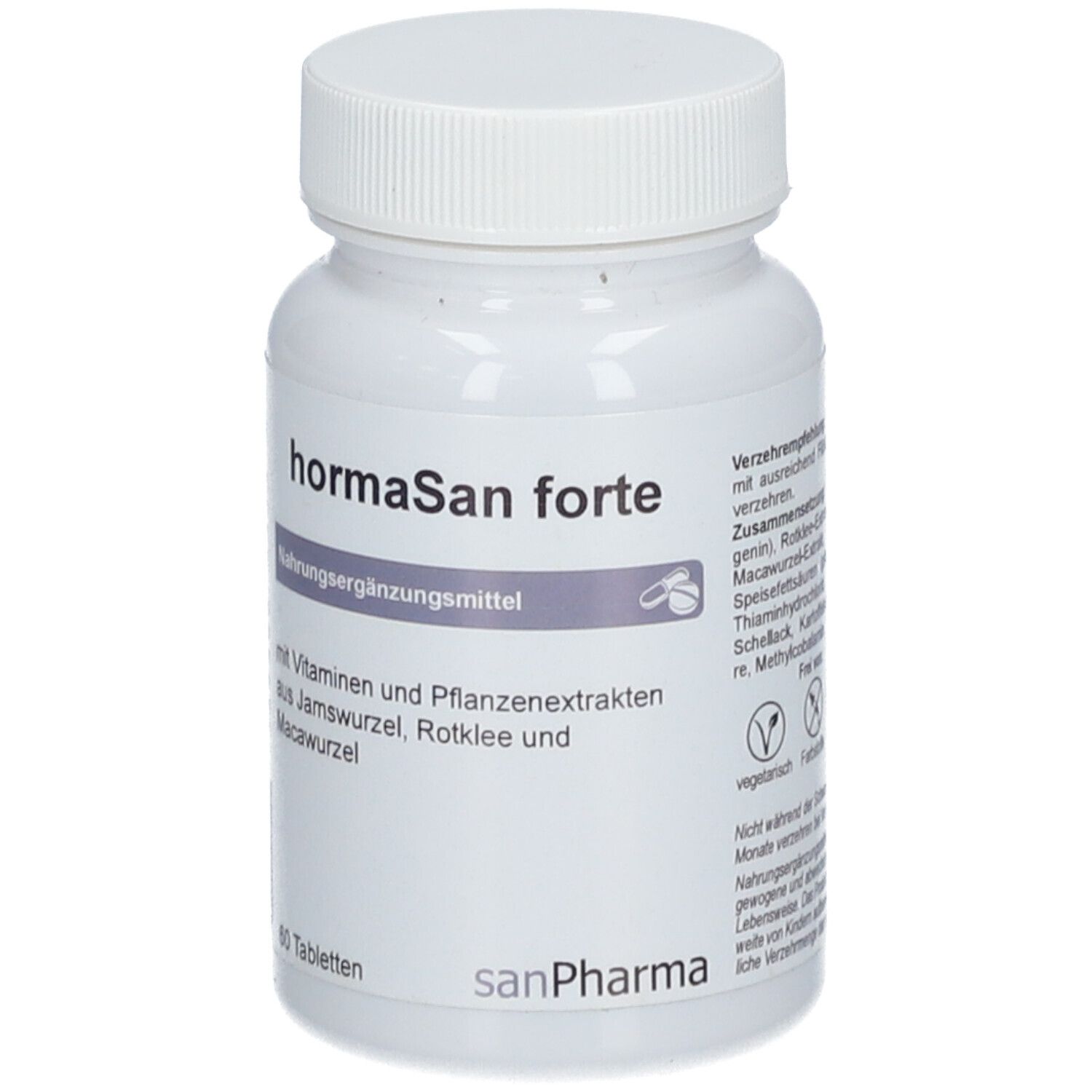 Weiße Flasche mit Schraubverschluss. Aufschrift: hormaSan forte, Nahrungsergänzungsmittel. Enthält Vitamine und Pflanzenextrakte.