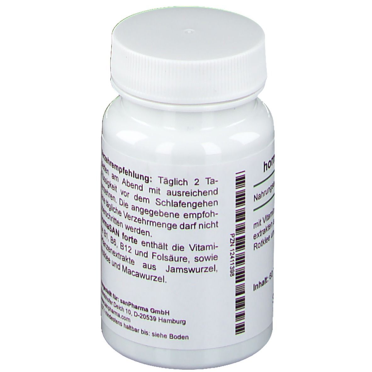 Weiße Flasche mit Schraubverschluss. Rückseite mit Inhaltsstoffen und Verzehrempfehlung. Enthält u.a. Yamswurzel-Extrakt, Isoflavone.