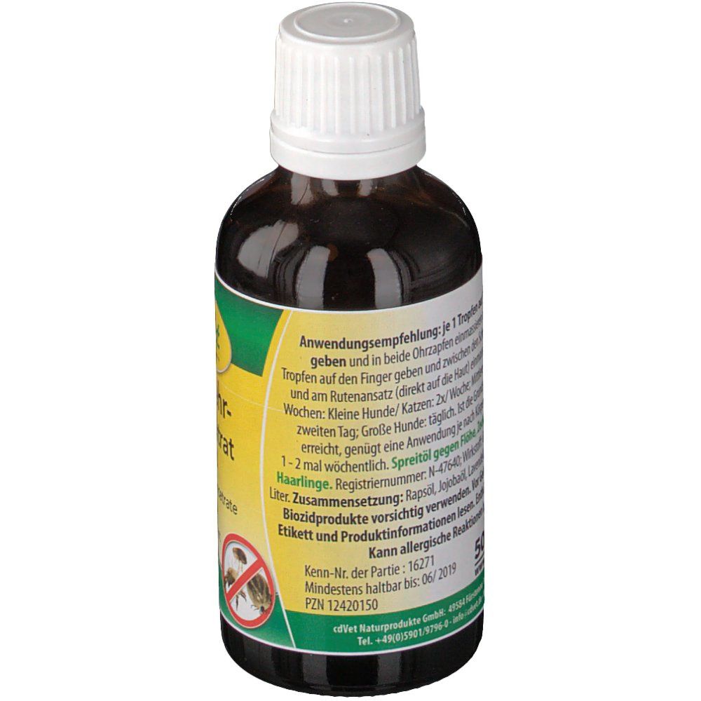 Rückansicht der braunen Glasflasche mit weißem Deckel. Gelbes Etikett mit Text. Text: Anwendungsempfehlung, Registriernummer, Mindestens haltbar bis.