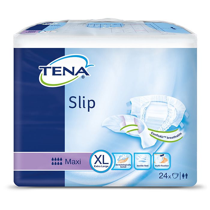 Verpackung von TENA Slip Maxi XL. Blaue und weiße Verpackung mit Produktabbildung. Enthält 24 Stück. Mit XL-Kennzeichnung.