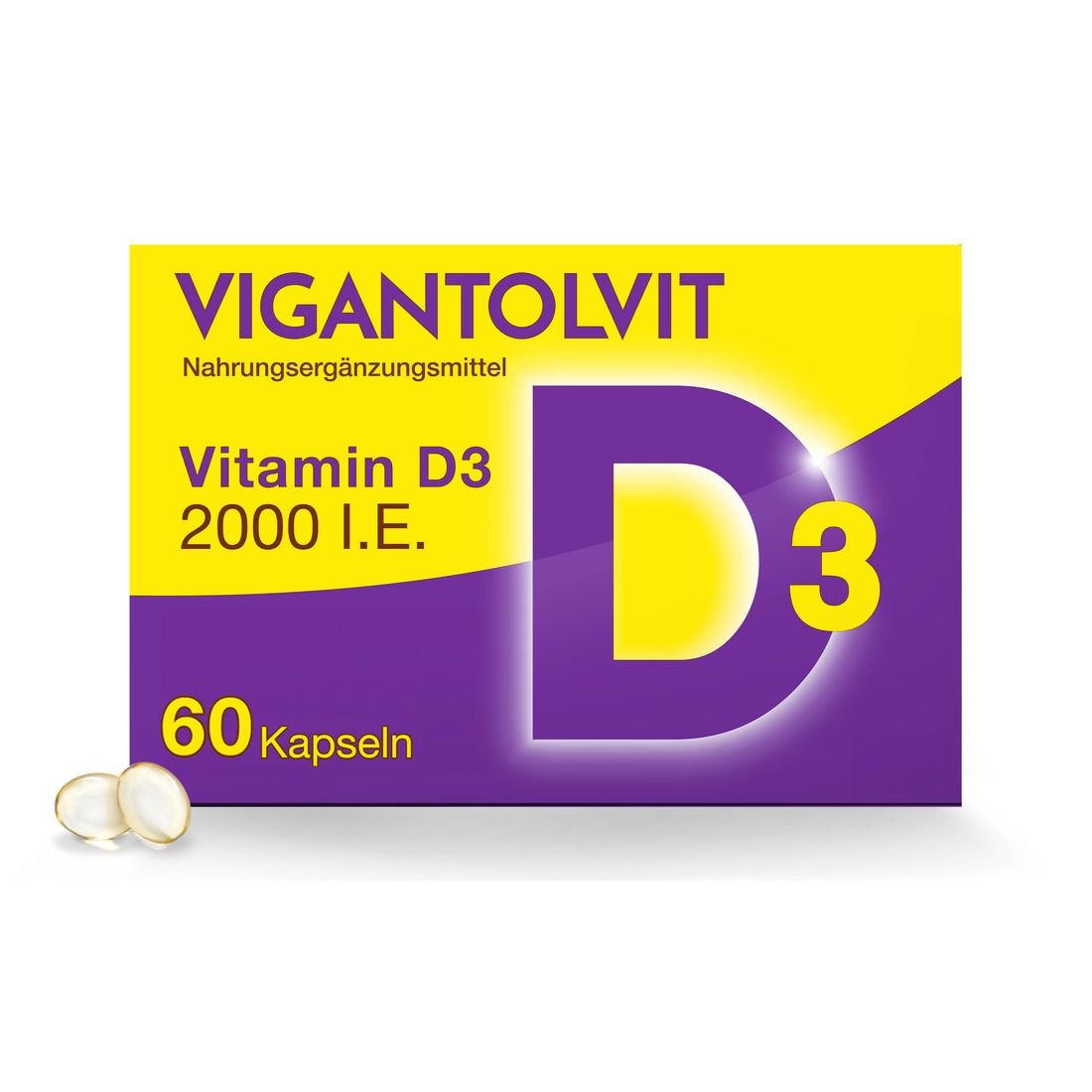 Gelbe und violette Verpackung mit VIGANTOLVIT und Vitamin D3 2000 I.E. Aufschrift. 60 Kapseln.