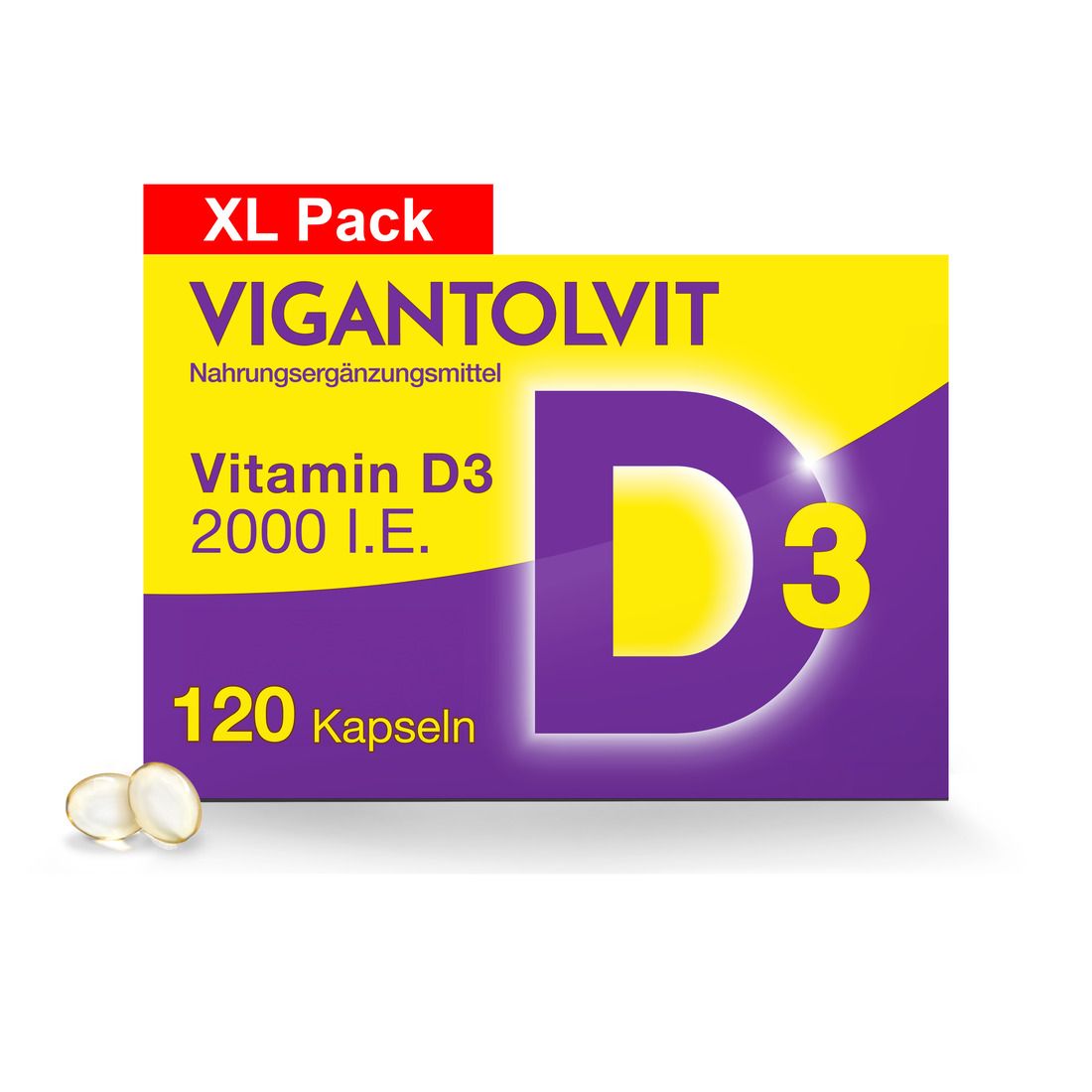 Schachtel mit VIGANTOLVIT Vitamin D3 2000 I.E. Kapseln. Lila und gelbes Design. XL Packung mit 120 Kapseln.