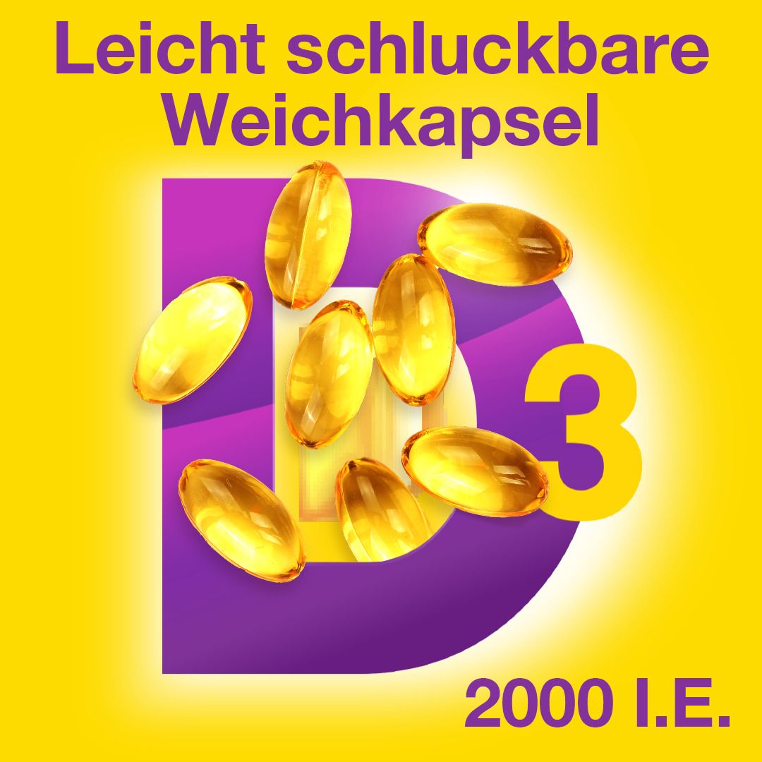 Gelbe Weichkapseln auf gelbem Hintergrund. Text: Leicht schluckbare Weichkapsel. 2000 I.E. Vitamin D3.