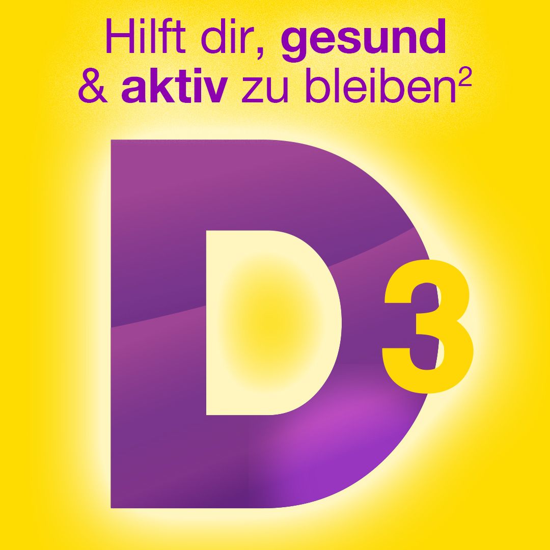 Lila D3 auf gelbem Hintergrund. Text: Hilft dir, gesund & aktiv zu bleiben².