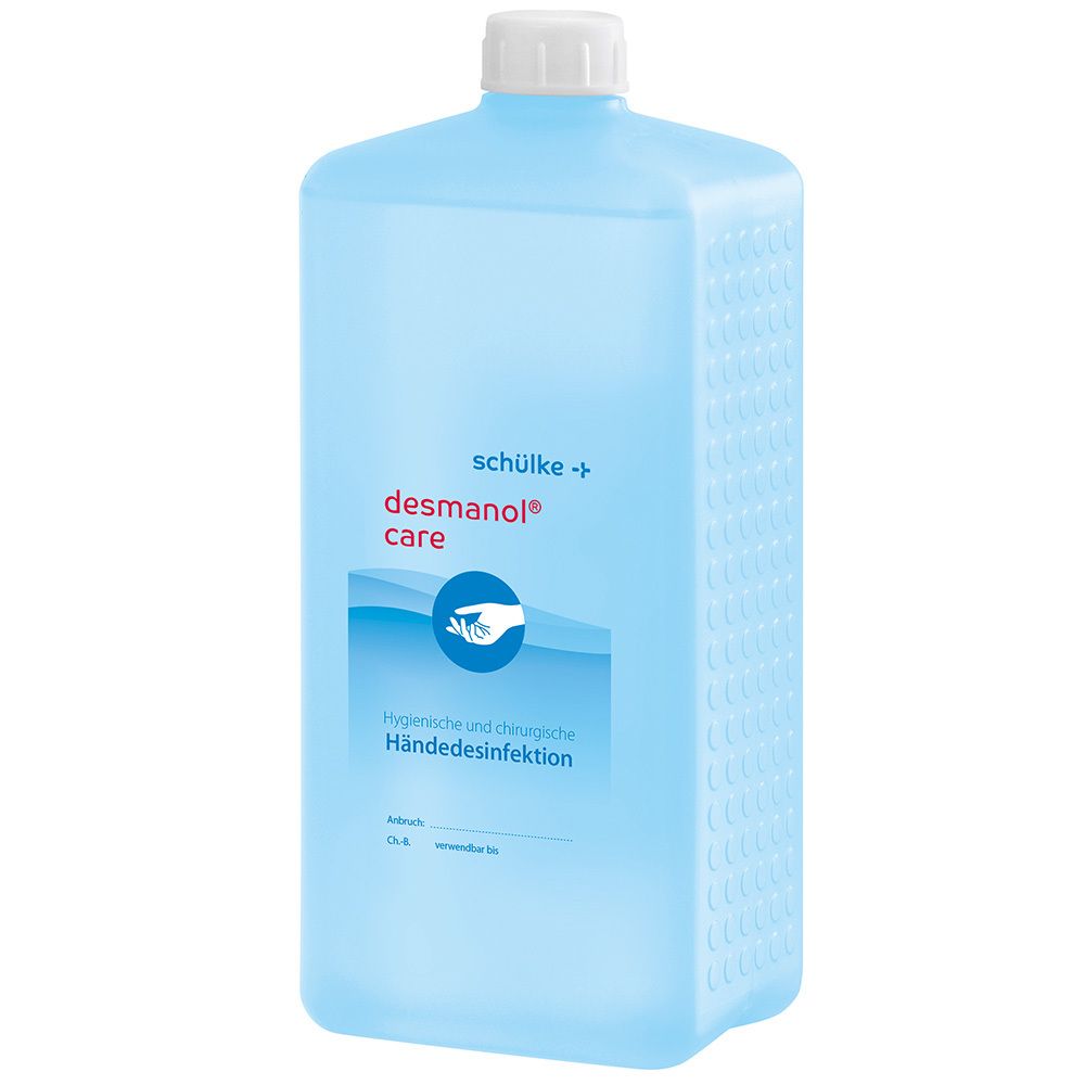 Hellblaue Flasche mit weißem Deckel. Aufschrift: desmanol® care, Händedesinfektion. Marke: schülke.