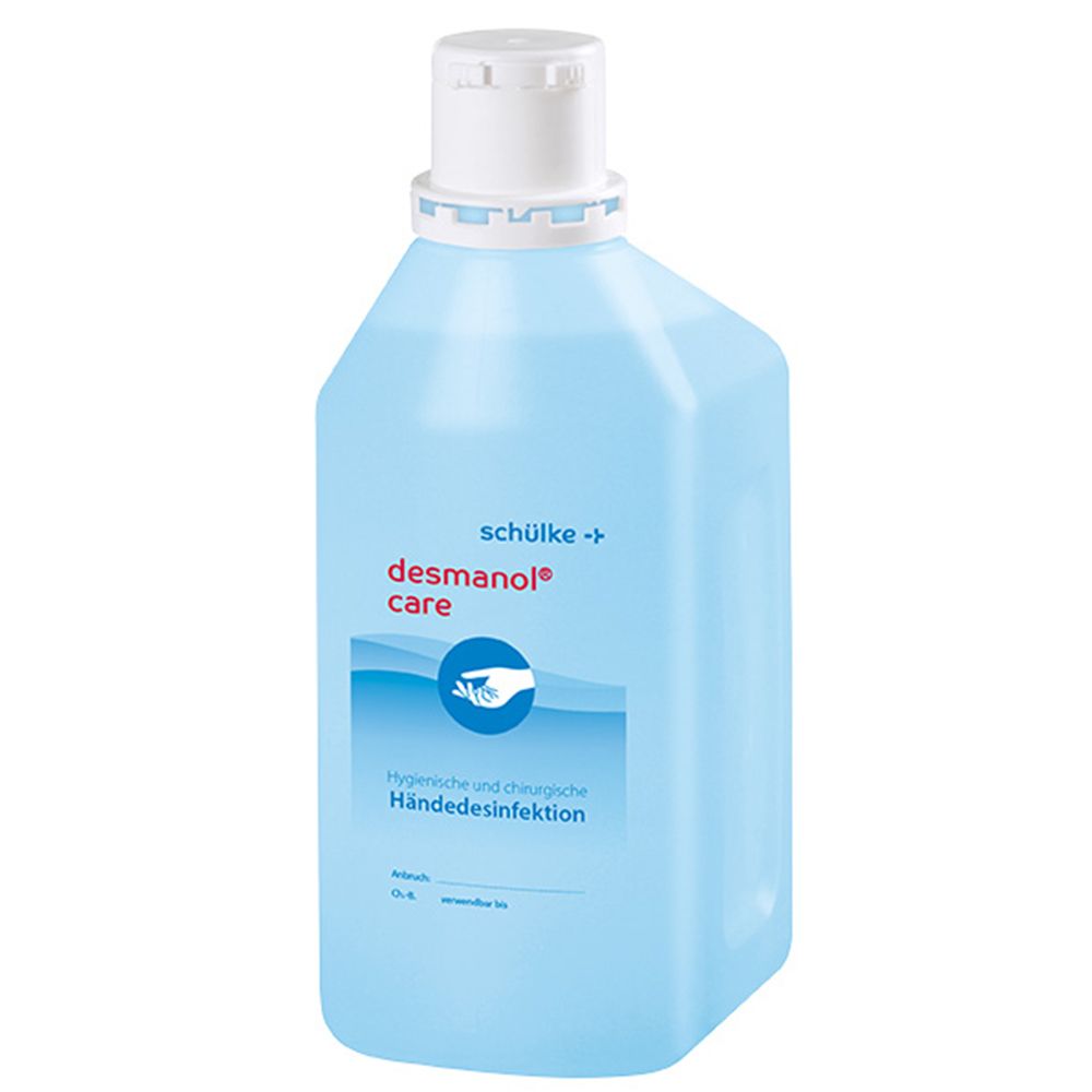 Blau-transparente Flasche mit weißem Deckel. Beschriftung: desmanol® care, Händedesinfektion.