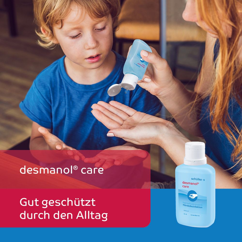 Kind und Frau mit kleiner Flasche. Aufschrift: desmanol® care. Text: Gut geschützt durch den Alltag.