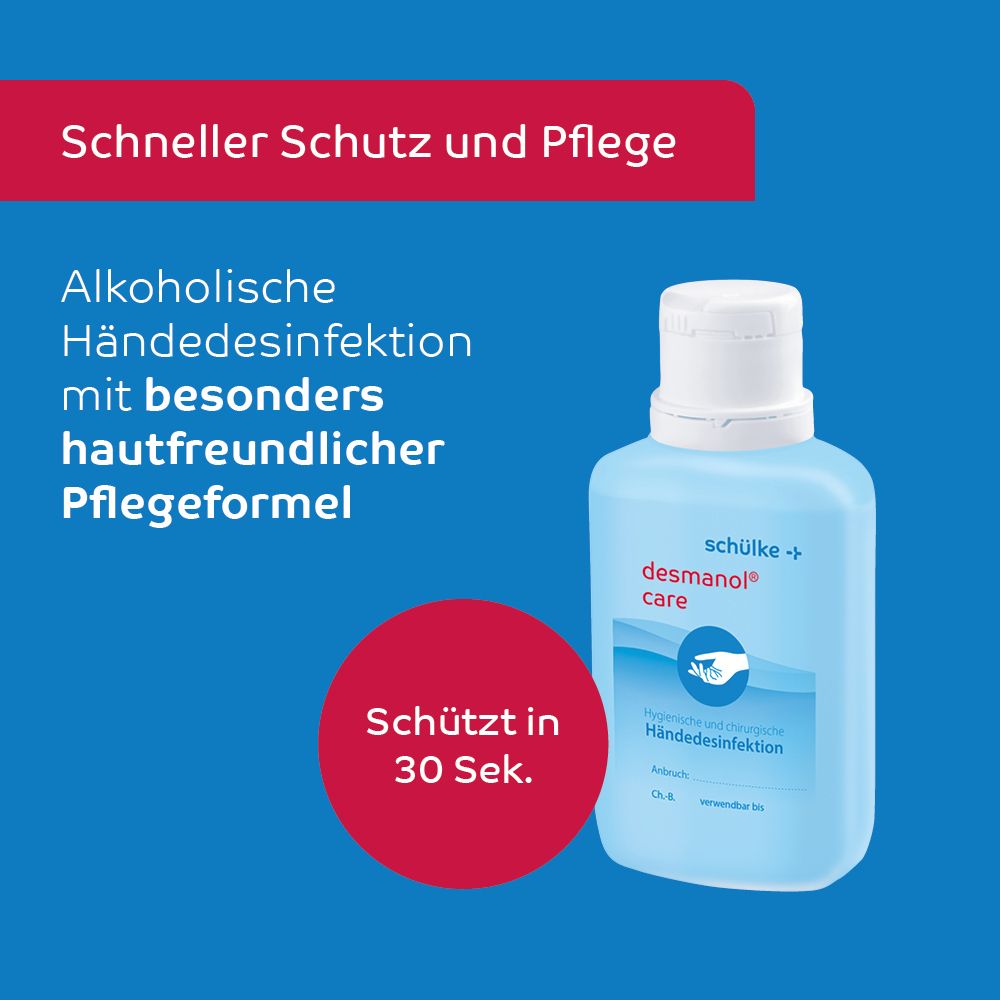 Flasche mit Text: Alkoholische Händedesinfektion. Text: Schützt in 30 Sek. Aufschrift: desmanol® care.