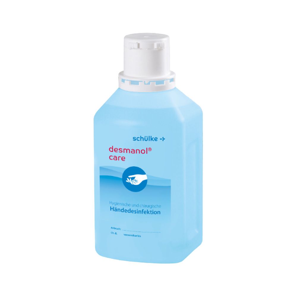Blaue Flasche mit weißem Deckel. Aufschrift: desmanol care, Händedesinfektion.