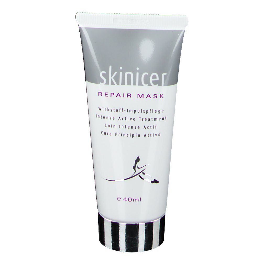 Tube skinicer® Repair Mask. Weiß, silberfarben, lila Schrift. Text: Wirkstoff-Impulspflege. Volumen: e 40ml. Schwarzer Ring am Boden.