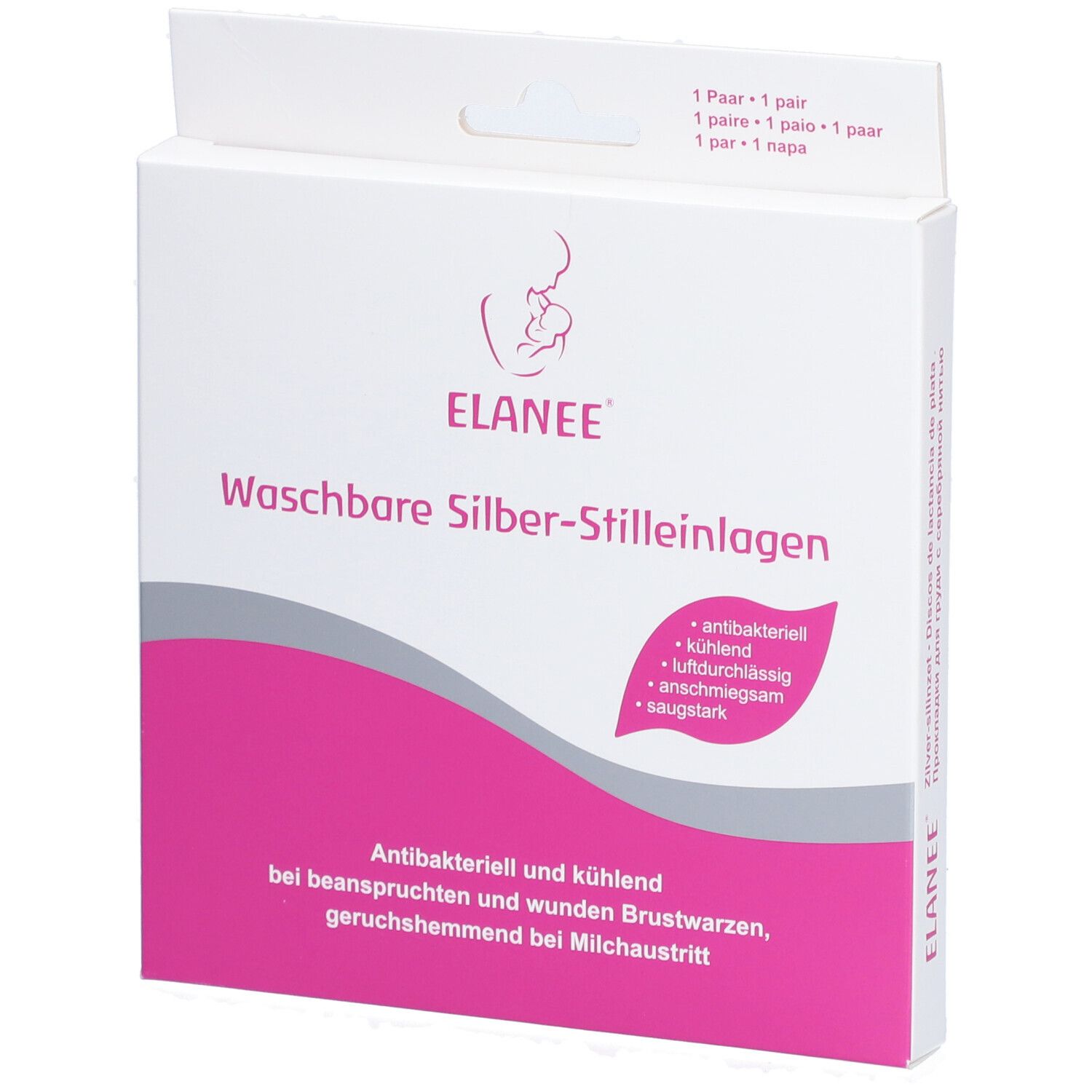 ELANEE® Waschbare Silber-Stilleinlagen in Verpackung. Rosa Akzent. Text: antibakteriell, kühlend, luftdurchlässig, anschmiegsam, saugstark.