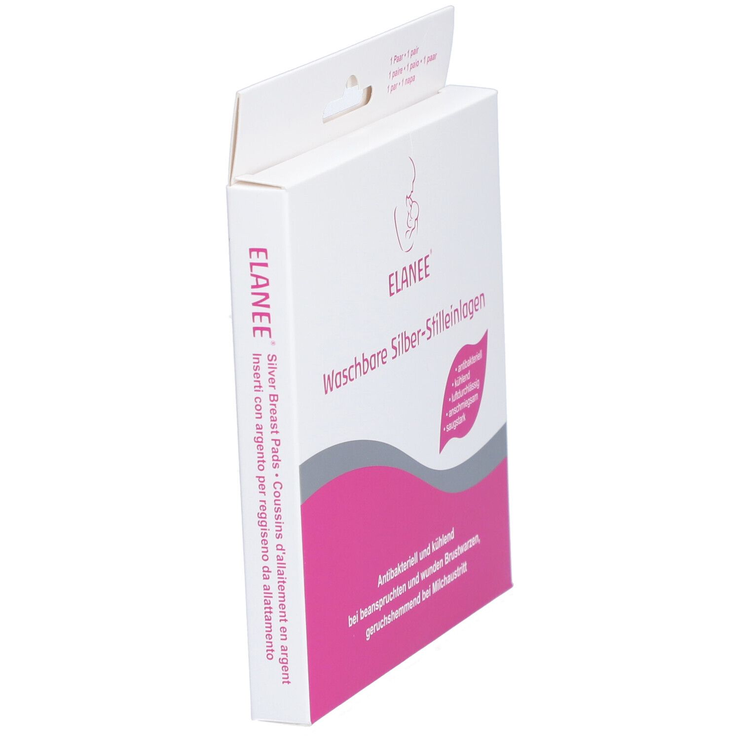 ELANEE® Verpackung, schräg. Waschbare Silber-Stilleinlagen. Rosa Akzent. Text: antibakteriell, kühlend, luftdurchlässig, anschmiegsam, saugstark.