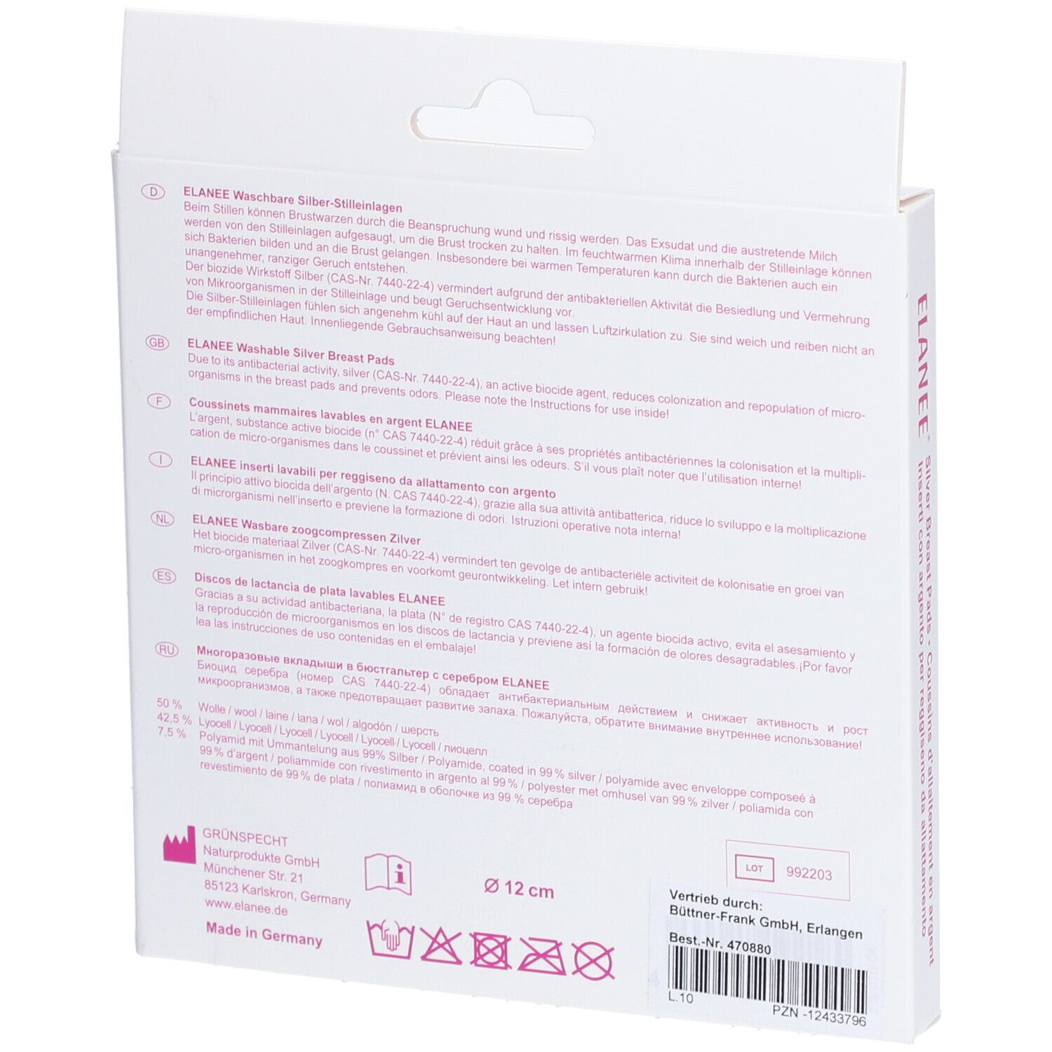Rückseite der ELANEE® Verpackung. Text: Waschbare Silber-Stilleinlagen. Inhaltsstoffe, Gebrauchsanweisung, Herstellerinformationen, Chargennummer, Ø 12 cm.