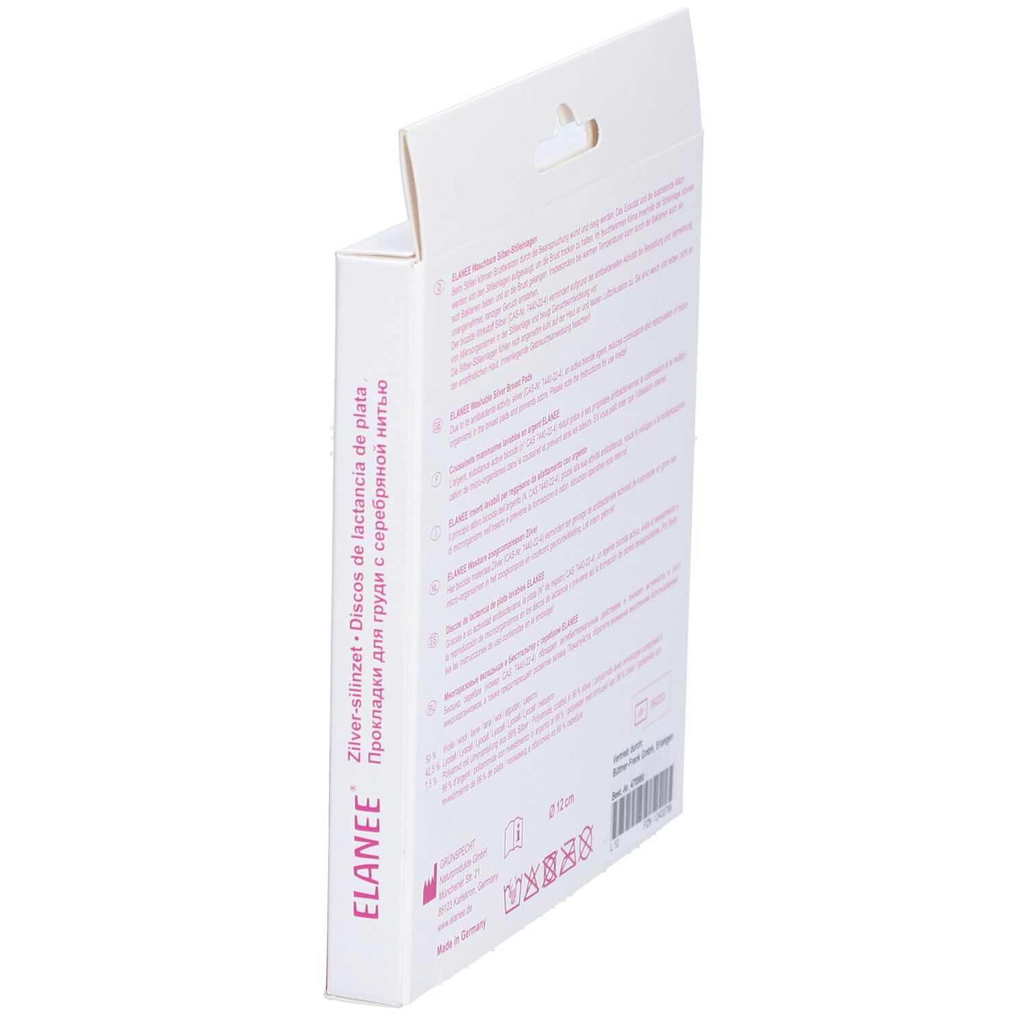 ELANEE® Verpackung, schräg. Text: Waschbare Silber-Stilleinlagen. Rosa Akzent. Gebrauchsanweisung in mehreren Sprachen.