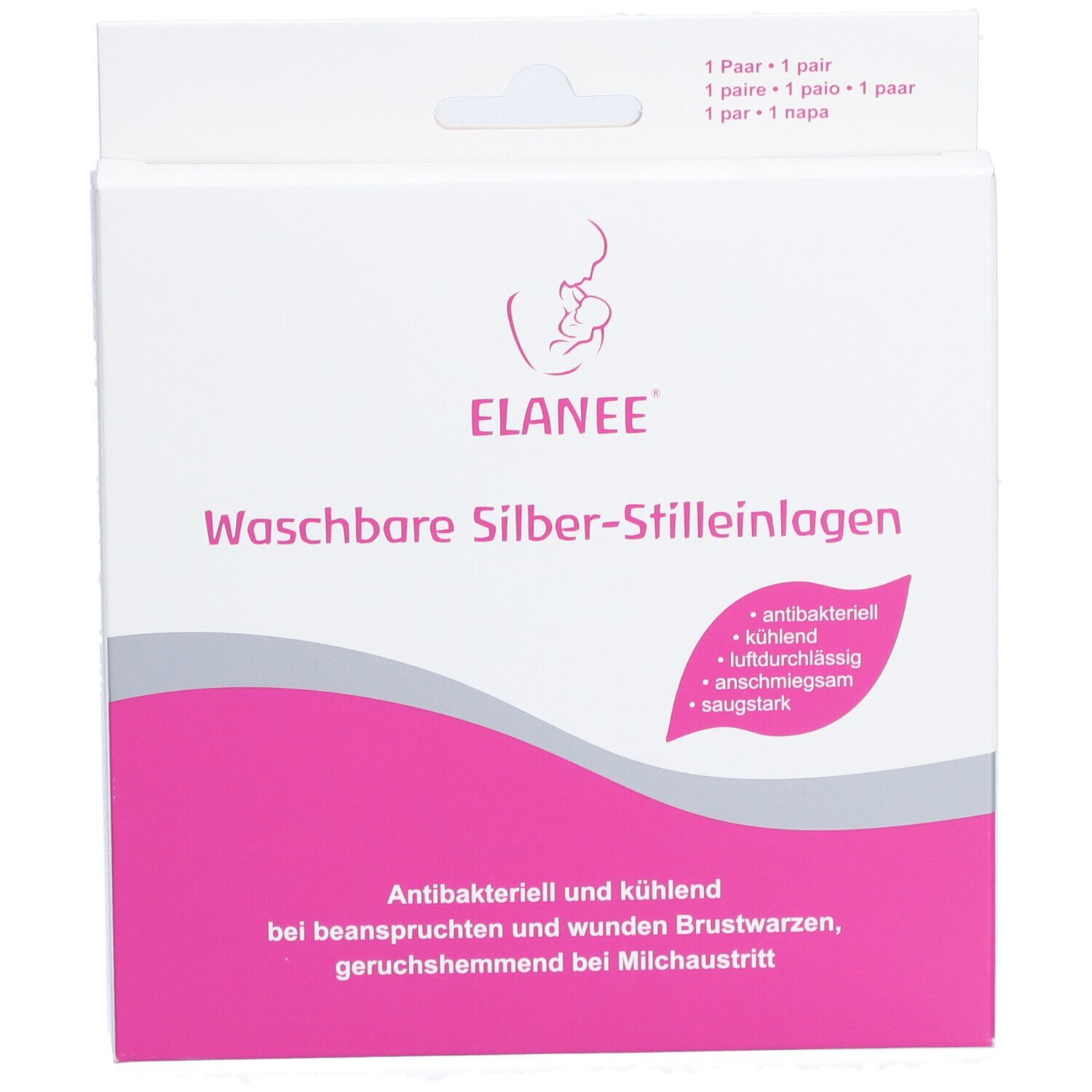 ELANEE® Waschbare Silber-Stilleinlagen in Verpackung. Rosa Akzent. Text: antibakteriell, kühlend, luftdurchlässig, anschmiegsam, saugstark.