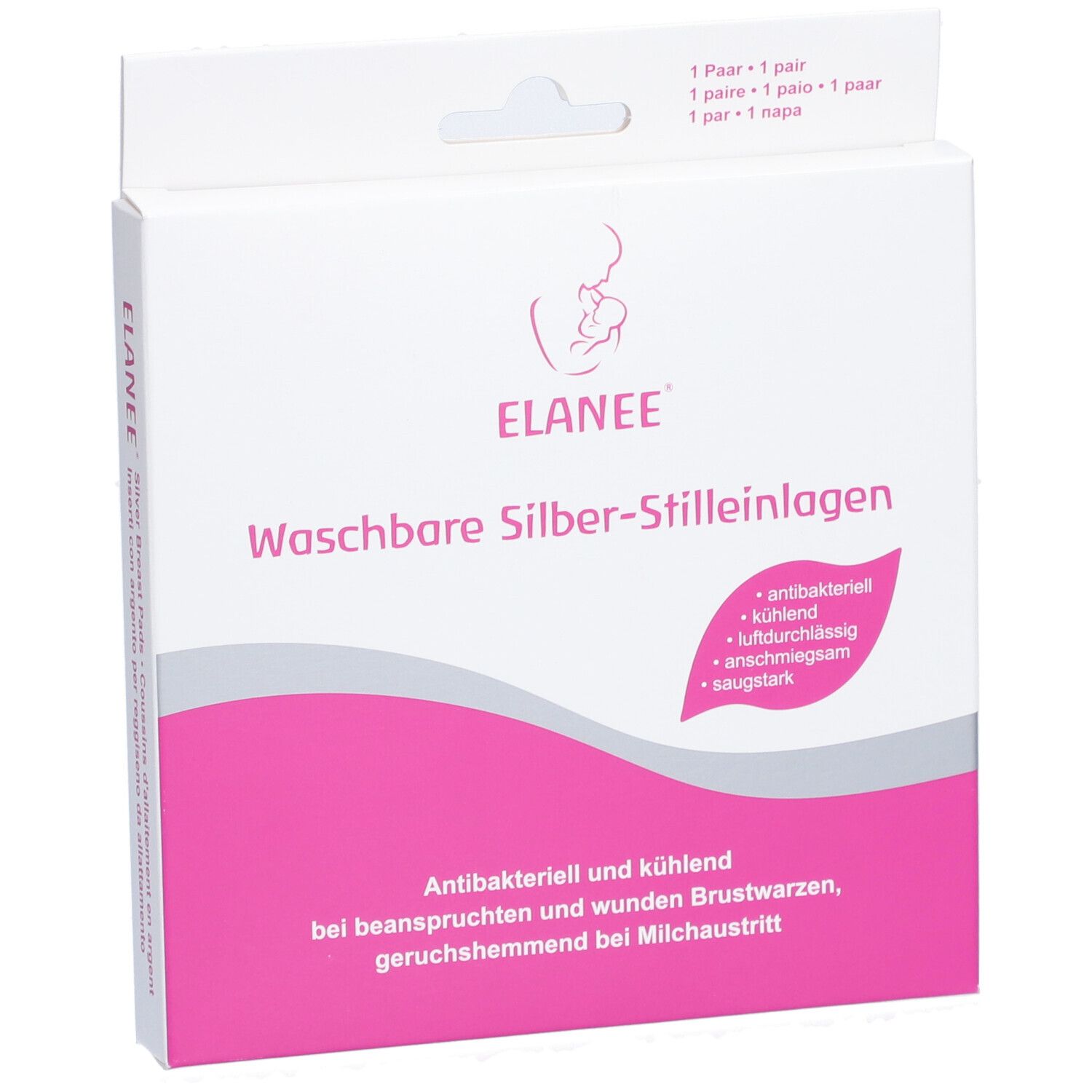 ELANEE® Waschbare Silber-Stilleinlagen in Verpackung. Rosa Akzent. Text: antibakteriell, kühlend, luftdurchlässig, anschmiegsam, saugstark.