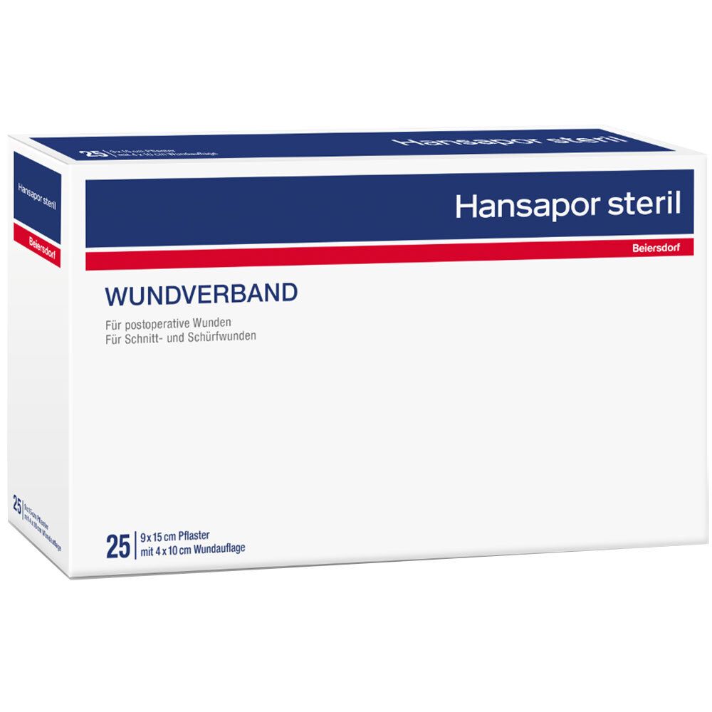 Verpackung von Hansapor steril Wundverband. Enthält 25 Pflaster, 9x15 cm. Aufschrift: Wundverband, Für postoperative Wunden. Marke: Beiersdorf.