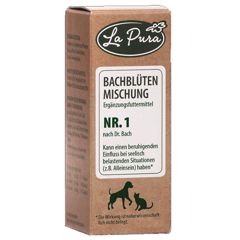 Braune Pappschachtel mit Produktinformationen. Aufschrift: La Pura, Bachblütenmischung Nr. 1. Abbildung von Hund und Katze.