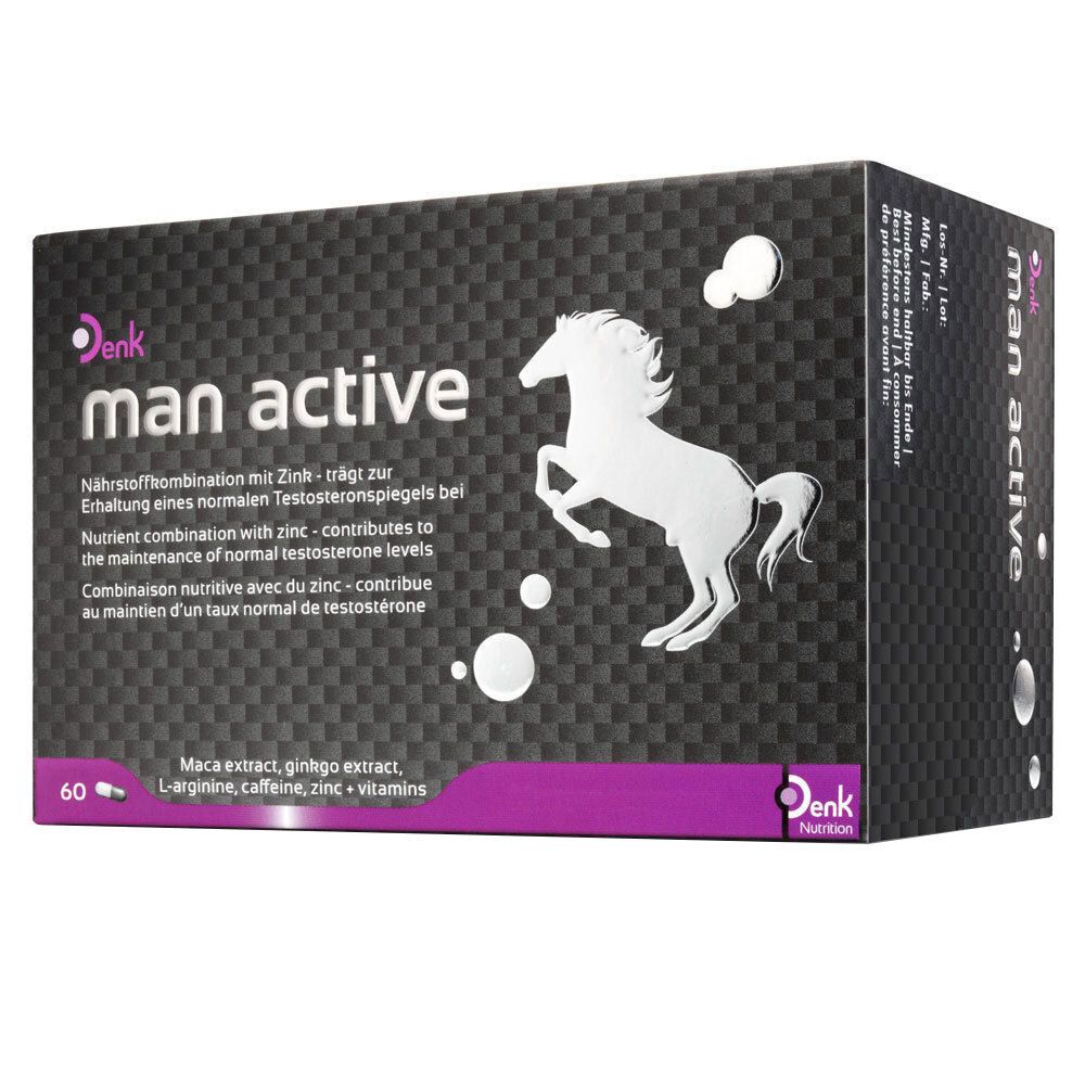 Schachtel mit "man active" von Denk. Enthält 60 Kapseln. Aufdruck mit Inhaltsstoffen und einem Pferd.