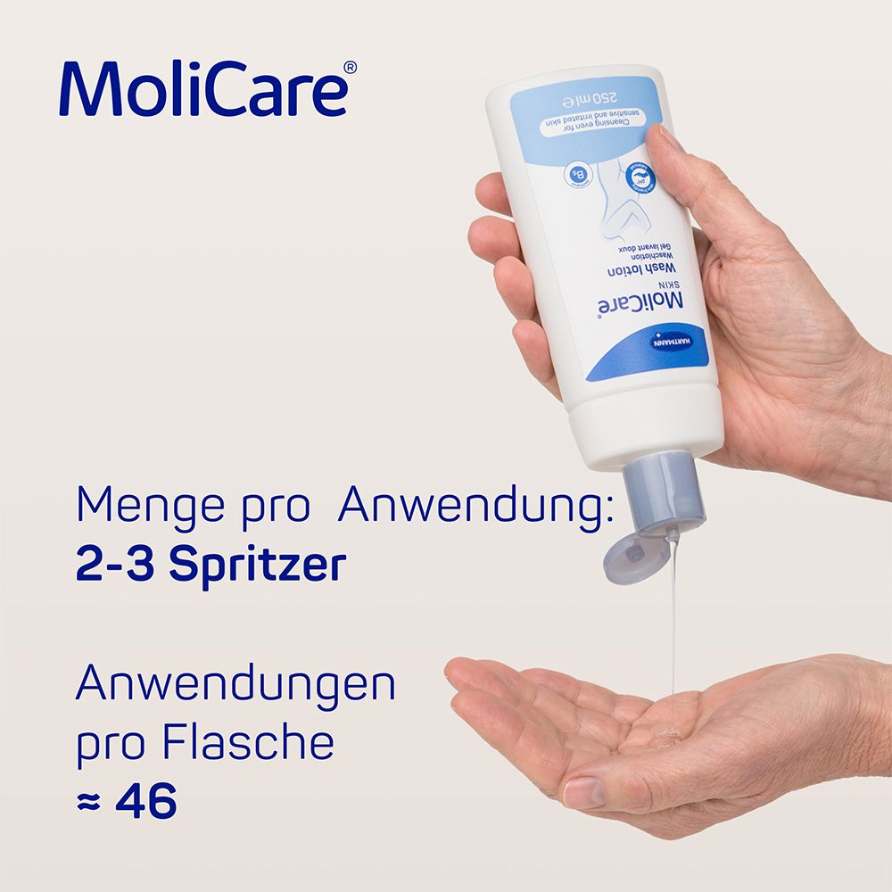 MoliCare Skin Waschlotion 250ml mit pflegendem Pantheol und Mandelöl, geruchsneutraliesierent, pH-hautneutral