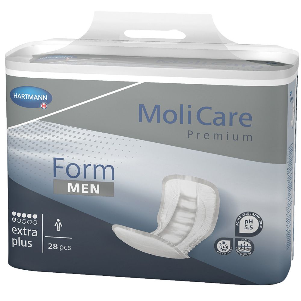 MoliCare Premium Form MEN extra plus. Packung mit 28 Stück. Produkt mit Hartmann-Logo und pH 5,5.