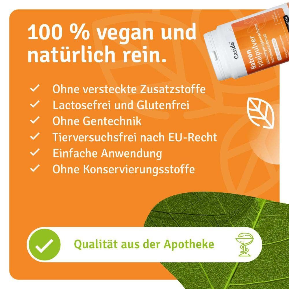 Orangefarbener Hintergrund mit Text. 100% vegan und natürlich rein. Apothekenqualität. Geprüft bei codecheck.