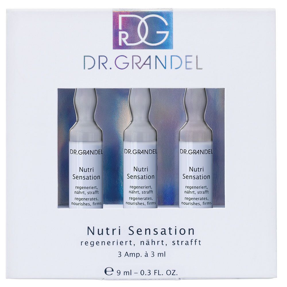 Verpackung mit drei Ampullen. Aufschrift: Dr. Grandel, Nutri Sensation. 3 Ampullen à 3 ml.