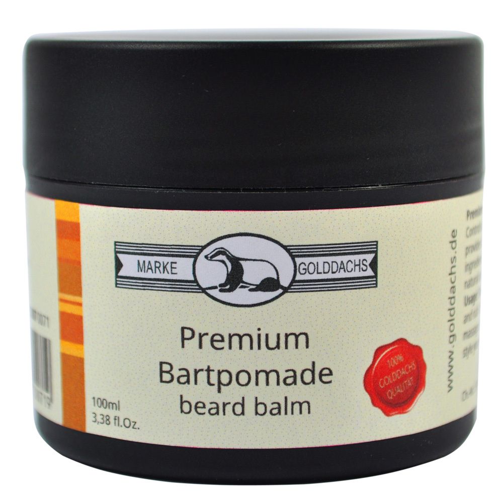 Runde, schwarze Dose mit Etikett. Aufschrift: Premium Bartpomade, beard balm. Logo: Dachs. Rotes Siegel: 100% GOLDDACHS Qualité.